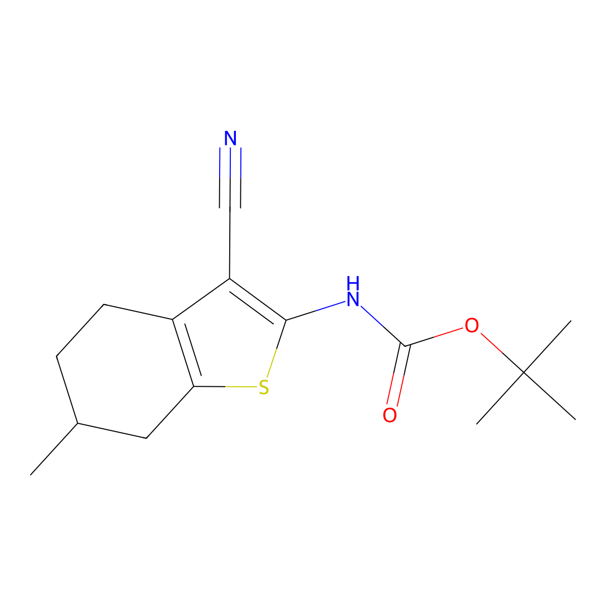 Tert-butyl (3-cyano-6-methyl-4,5,6,7-tetrahydrobenzo[b]thiophen-2-yl)carbamate molecular structure, CAS 1490221-95-8
