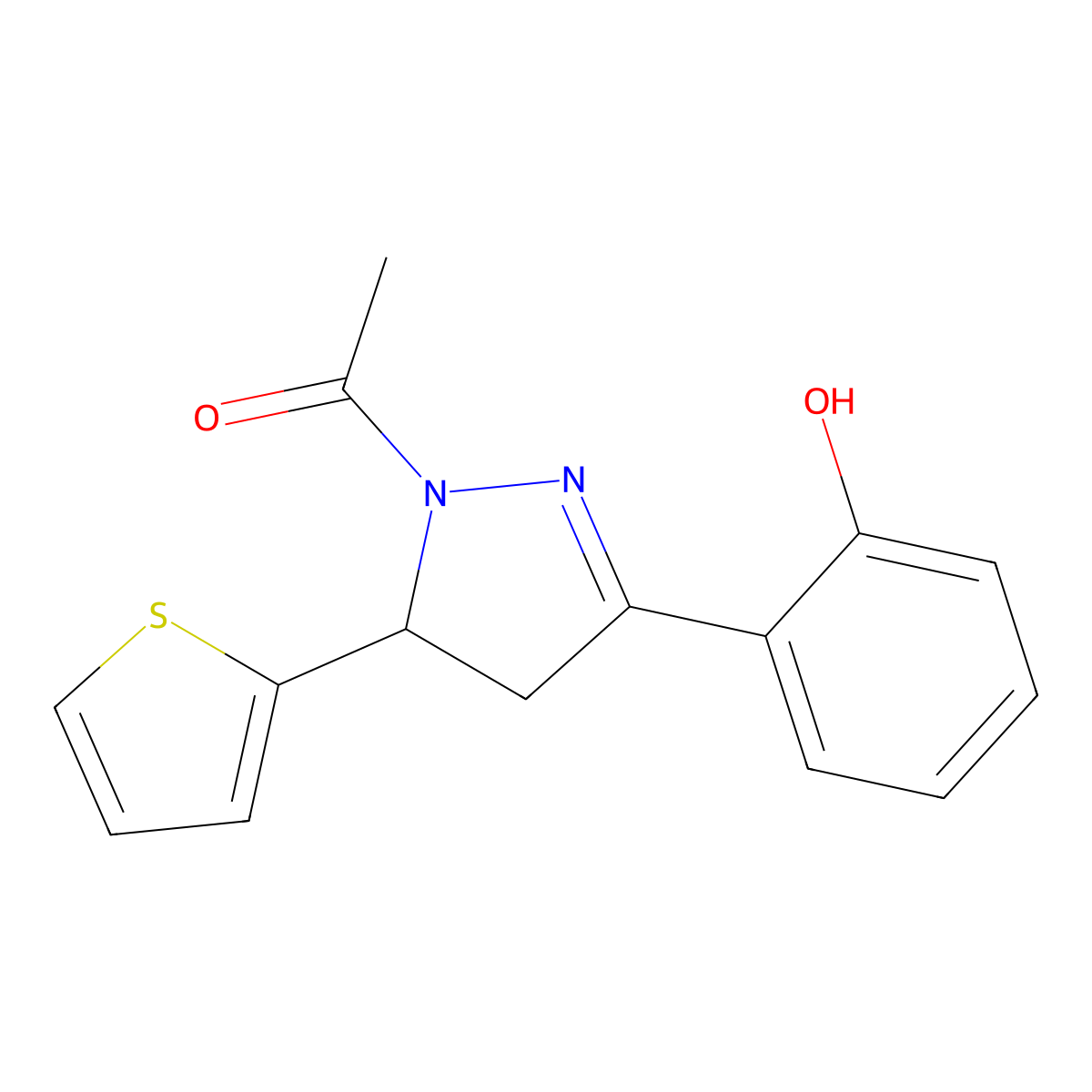1-[3-(2-Hydroxy-phenyl)-5-thiophen-2-yl-4,5-dihydro-pyrazol-1-yl]-ethanone molecular structure, CAS 149054-50-2