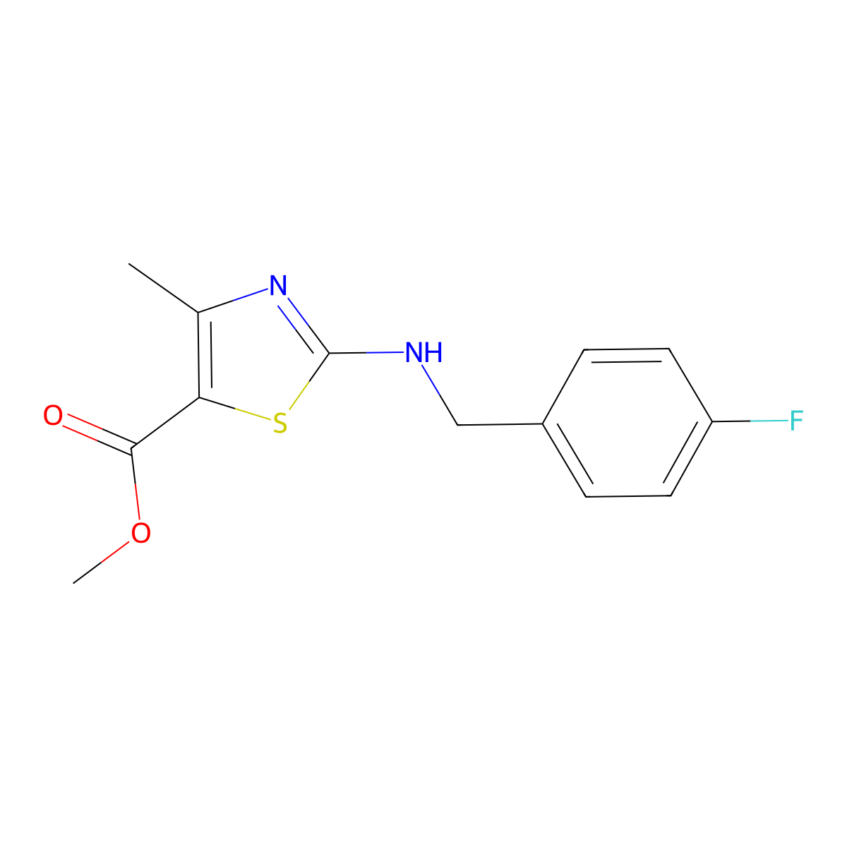Methyl 2-{[(4-fluorophenyl)methyl]amino}-4-methyl-1,3-thiazole-5-carboxylate molecular structure, CAS 1491011-09-6