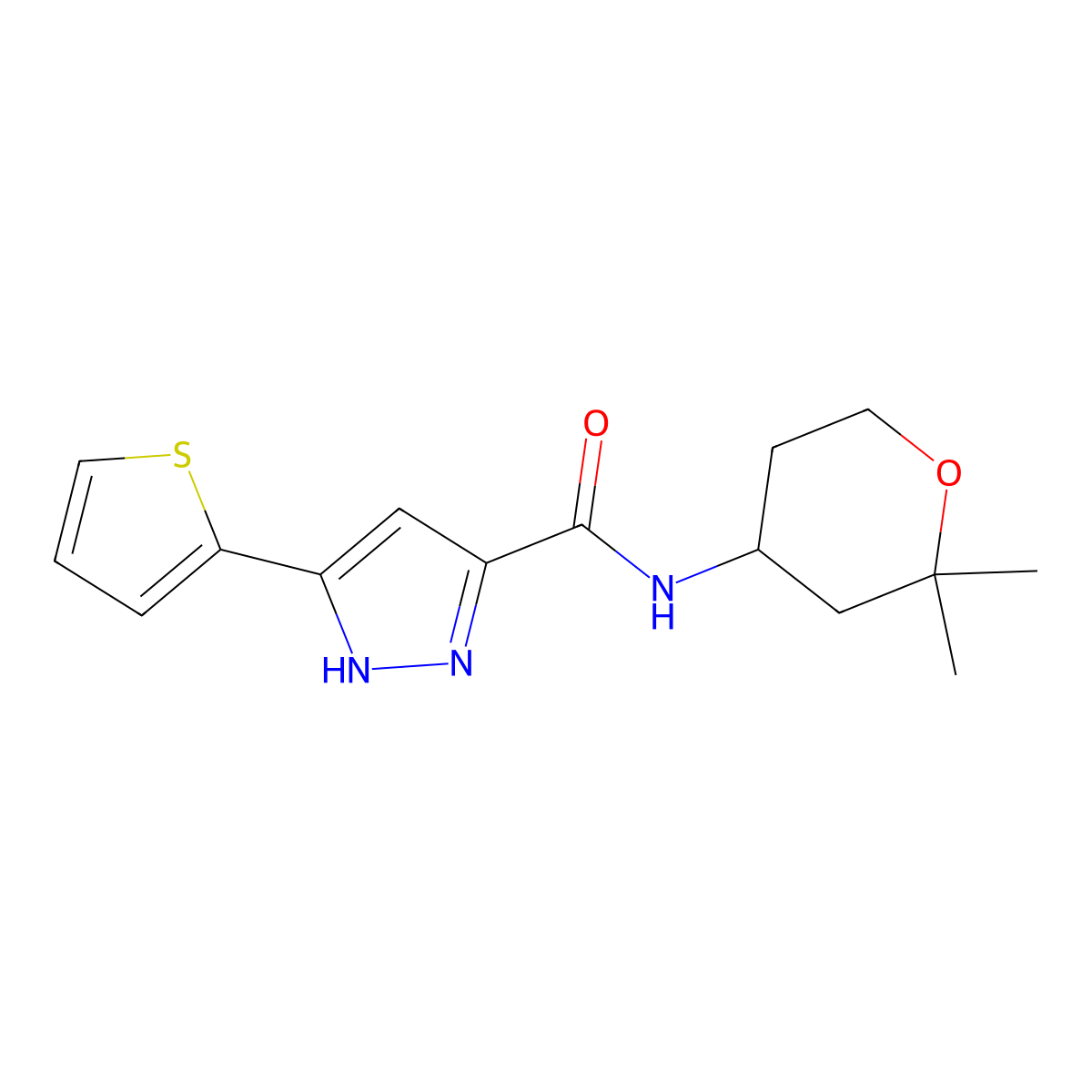 N-(2,2-dimethyltetrahydro-2H-pyran-4-yl)-5-(2-thienyl)-1H-pyrazole-3-carboxamide molecular structure, CAS 1491128-58-5