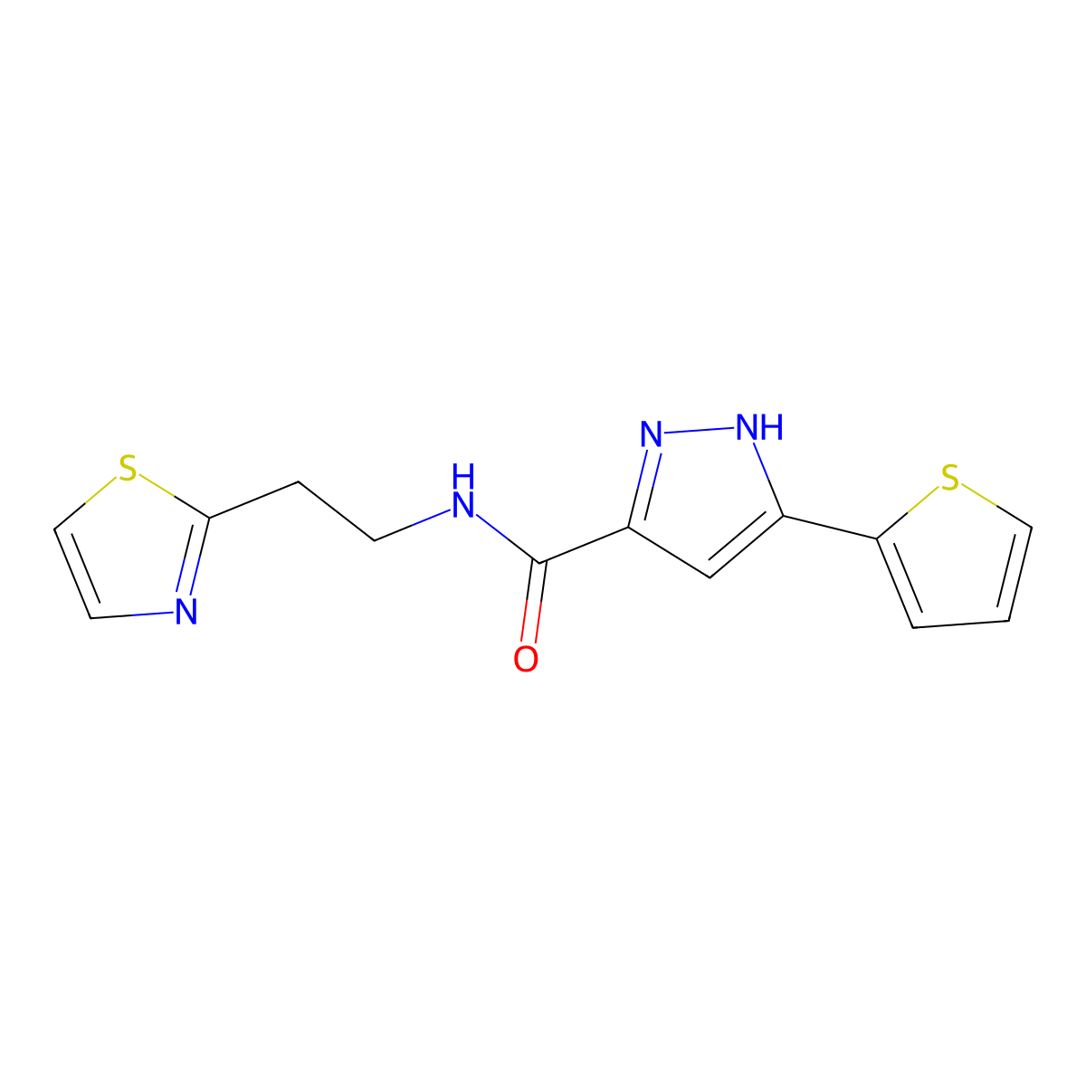 N-[2-(1,3-thiazol-2-yl)ethyl]-5-(2-thienyl)-1H-pyrazole-3-carboxamide molecular structure, CAS 1491128-79-0