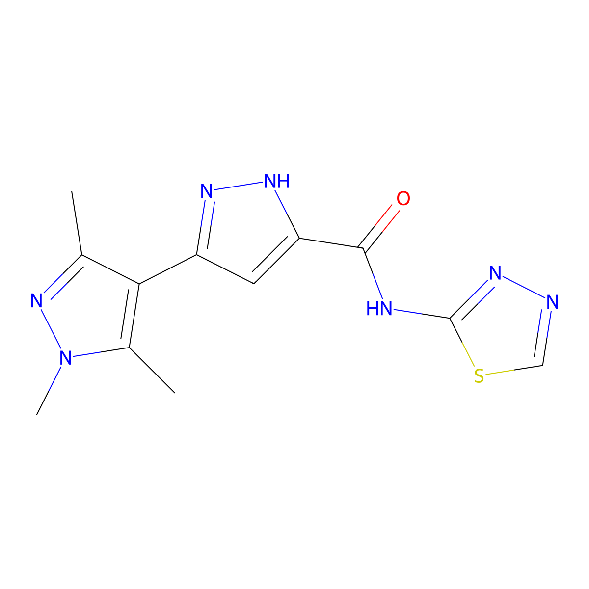 1',3',5'-trimethyl-N-(1,3,4-thiadiazol-2-yl)-1H,1'H-3,4'-bipyrazole-5-carboxamide molecular structure, CAS 1491128-91-6
