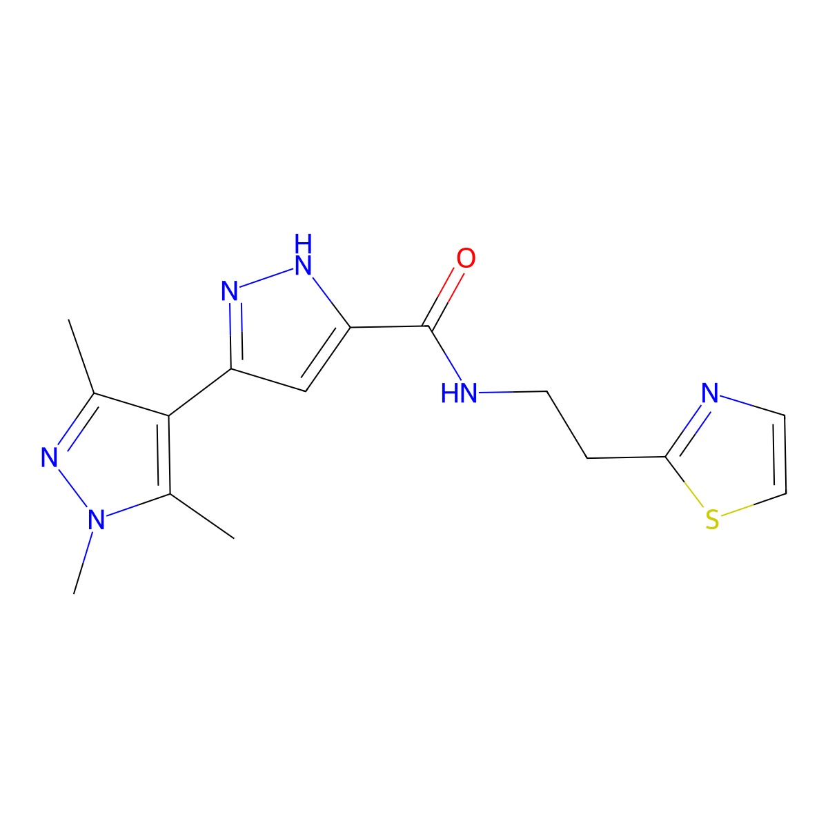 1',3',5'-trimethyl-N-[2-(1,3-thiazol-2-yl)ethyl]-1'H,2H-3,4'-bipyrazole-5-carboxamide molecular structure, CAS 1491128-92-7