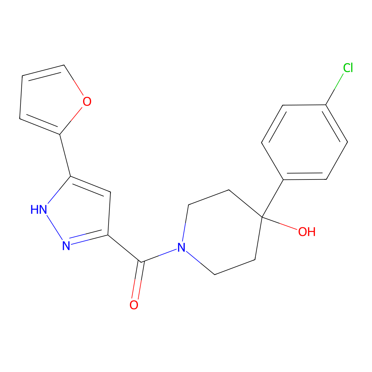 [4-(4-chlorophenyl)-4-hydroxypiperidino][5-(2-furyl)-1H-pyrazol-3-yl]methanone molecular structure, CAS 1491129-14-6