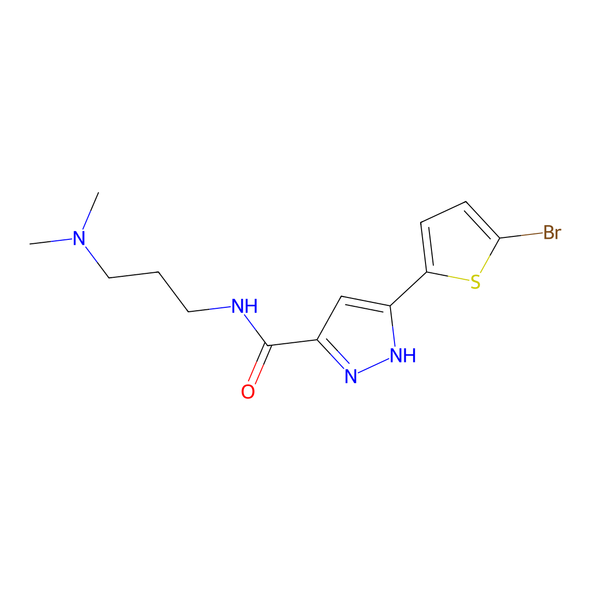 5-(5-bromothiophen-2-yl)-N-[3-(dimethylamino)propyl]-1H-pyrazole-3-carboxamide molecular structure, CAS 1491129-33-9