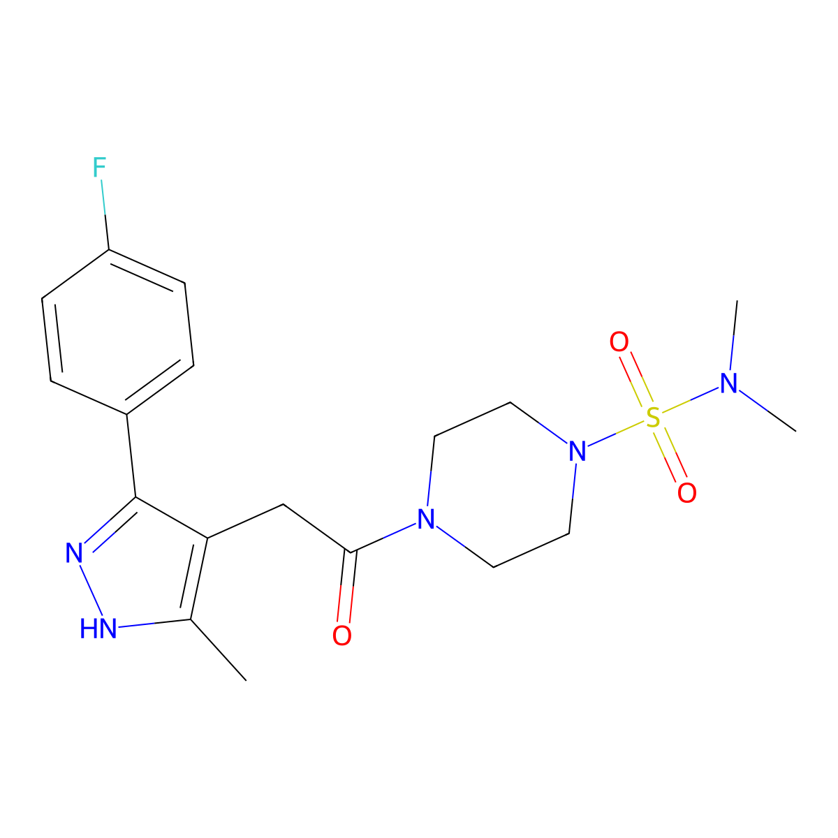 4-{2-[5-(4-fluorophenyl)-3-methyl-1H-pyrazol-4-yl]acetyl}-N,N-dimethyltetrahydro-1(2H)-pyrazinesulfonamide molecular structure, CAS 1491129-55-5