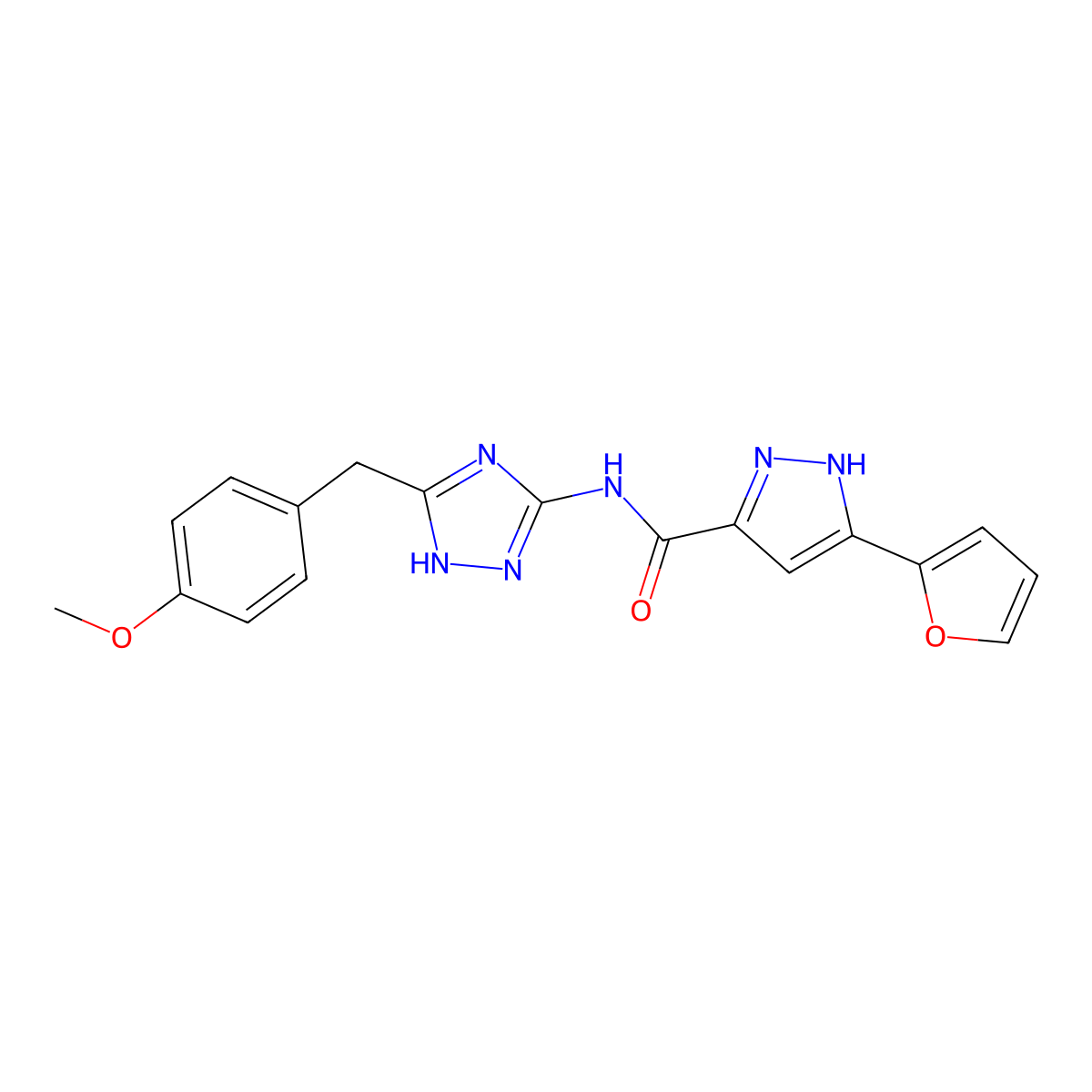 3-(furan-2-yl)-N-(5-(4-methoxybenzyl)-1H-1,2,4-triazol-3-yl)-1H-pyrazole-5-carboxamide molecular structure, CAS 1491129-67-9