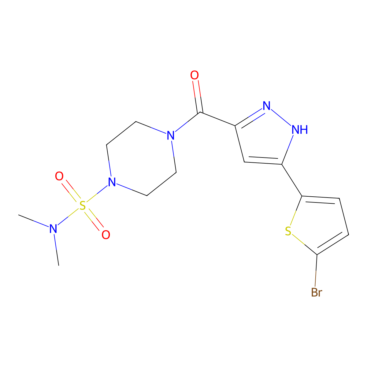 4-{[5-(5-bromo-2-thienyl)-1H-pyrazol-3-yl]carbonyl}-N~1~,N~1~-dimethyltetrahydro-1(2H)-pyrazinesulfonamide molecular structure, CAS 1491130-61-0