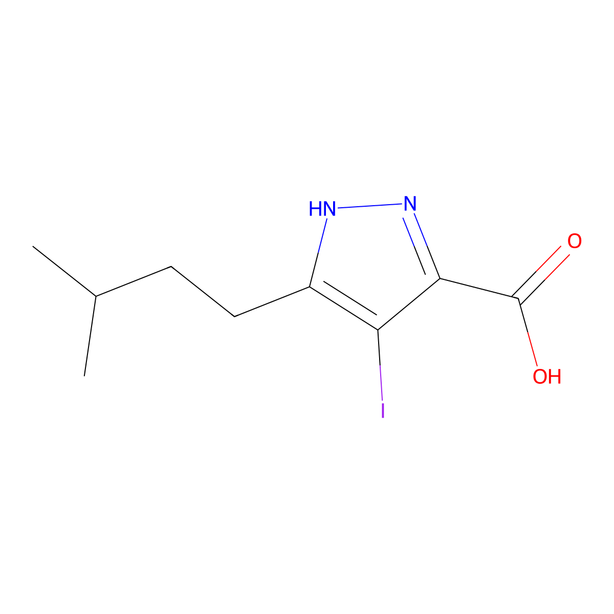 4-iodo-3-isopentyl-1H-pyrazole-5-carboxylic acid molecular structure, CAS 1491130-69-8