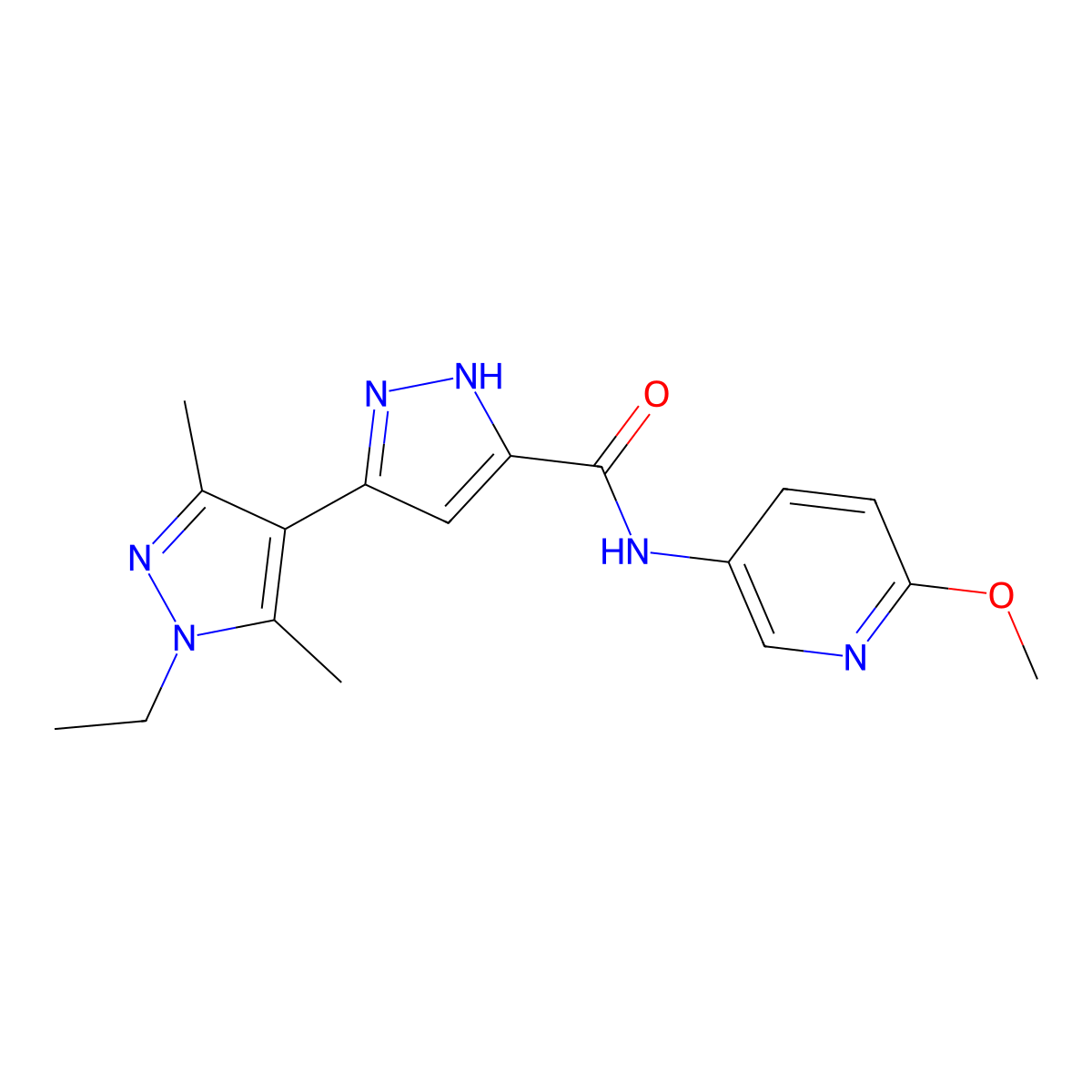 1'-ethyl-N-(6-methoxypyridin-3-yl)-3',5'-dimethyl-1'H,2H-3,4'-bipyrazole-5-carboxamide molecular structure, CAS 1491130-79-0