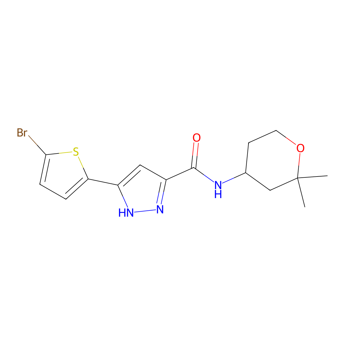 5-(5-bromo-2-thienyl)-N~3~-(2,2-dimethyltetrahydro-2H-pyran-4-yl)-1H-pyrazole-3-carboxamide molecular structure, CAS 1491130-89-2
