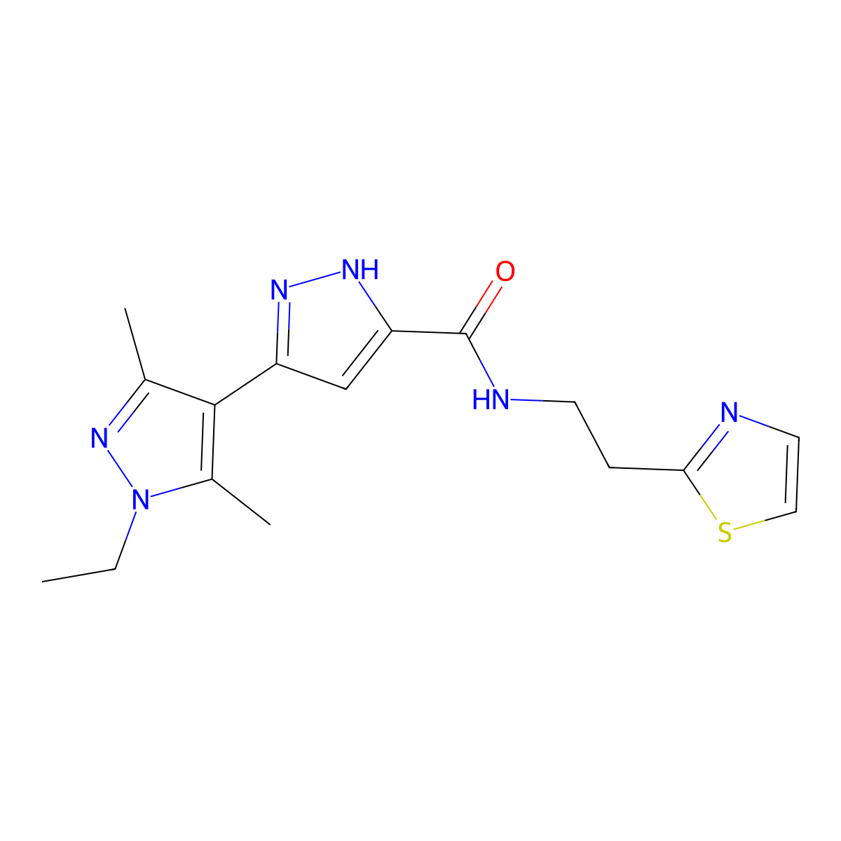 1'-ethyl-3',5'-dimethyl-N-[2-(1,3-thiazol-2-yl)ethyl]-1'H,2H-3,4'-bipyrazole-5-carboxamide molecular structure, CAS 1491131-12-4