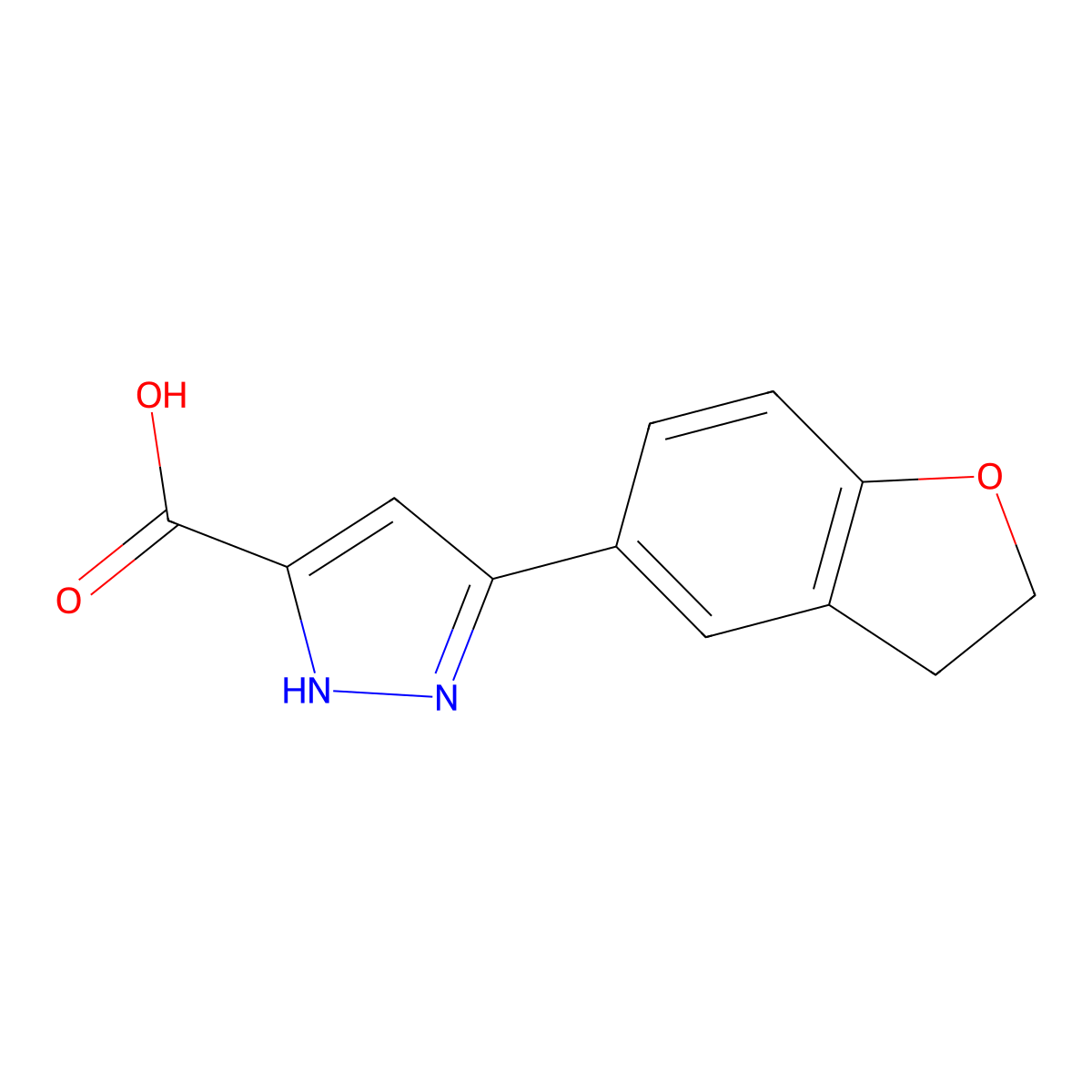 3-(2,3-dihydro-1-benzofuran-5-yl)-1H-pyrazole-5-carboxylic acid molecular structure, CAS 1491131-49-7