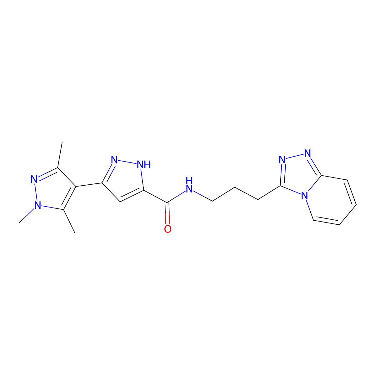1',3',5'-trimethyl-N-[3-([1,2,4]triazolo[4,3-a]pyridin-3-yl)propyl]-1'H,2H-3,4'-bipyrazole-5-carboxamide molecular structure, CAS 1491131-57-7