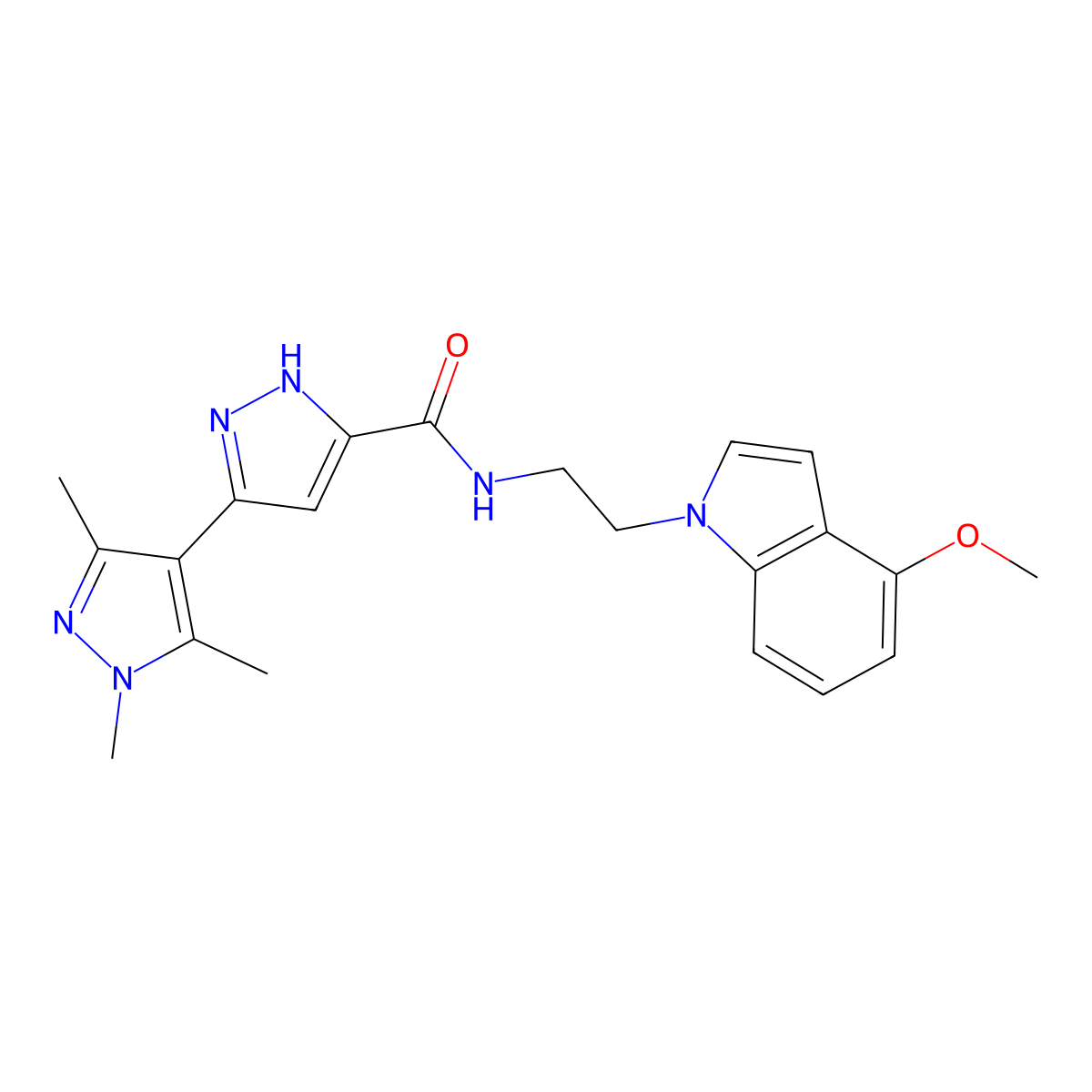 N-[2-(4-methoxy-1H-indol-1-yl)ethyl]-1',3',5'-trimethyl-1'H,2H-3,4'-bipyrazole-5-carboxamide molecular structure, CAS 1491131-72-6
