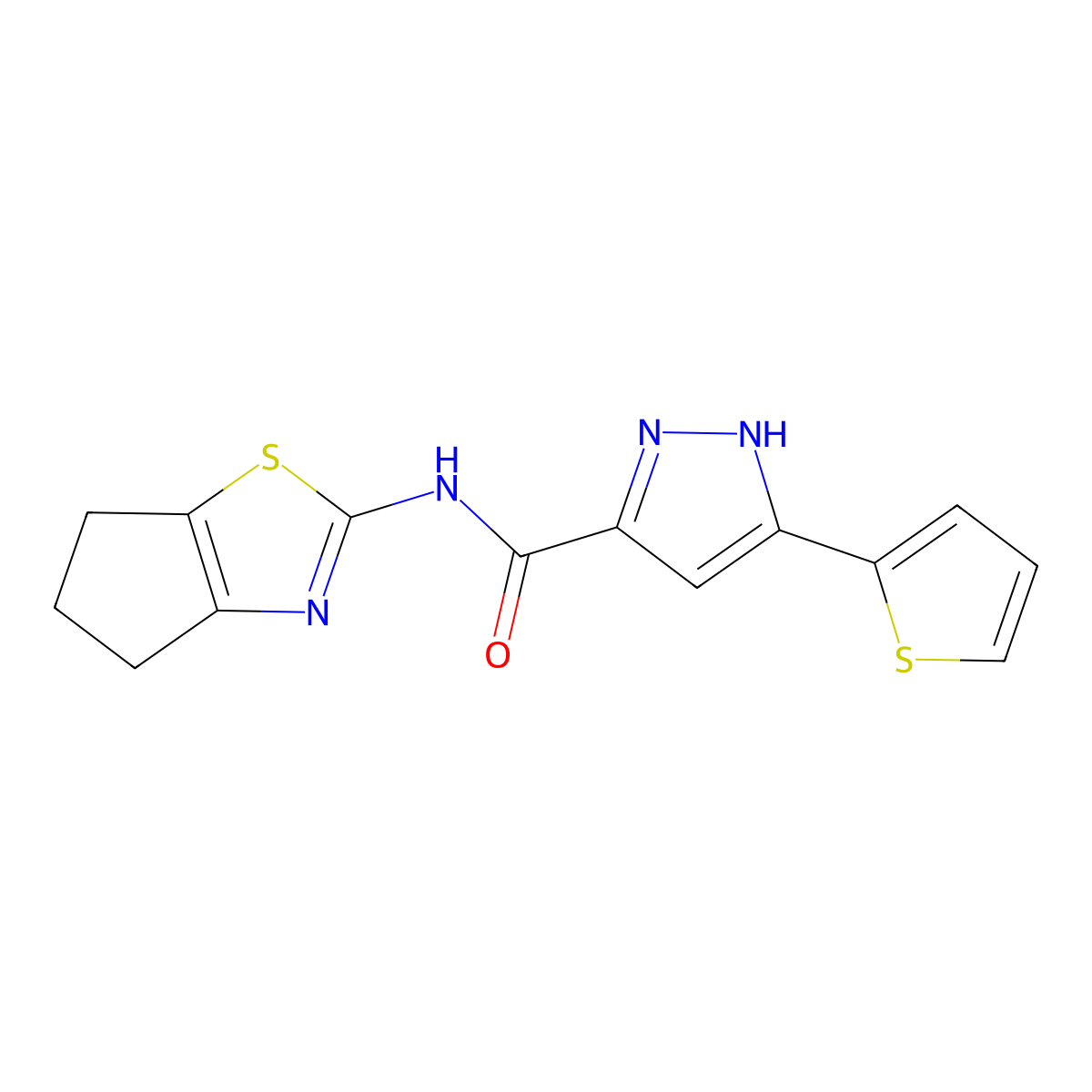 N-(5,6-dihydro-4H-cyclopenta[d][1,3]thiazol-2-yl)-5-(thiophen-2-yl)-1H-pyrazole-3-carboxamide molecular structure, CAS 1491131-83-9