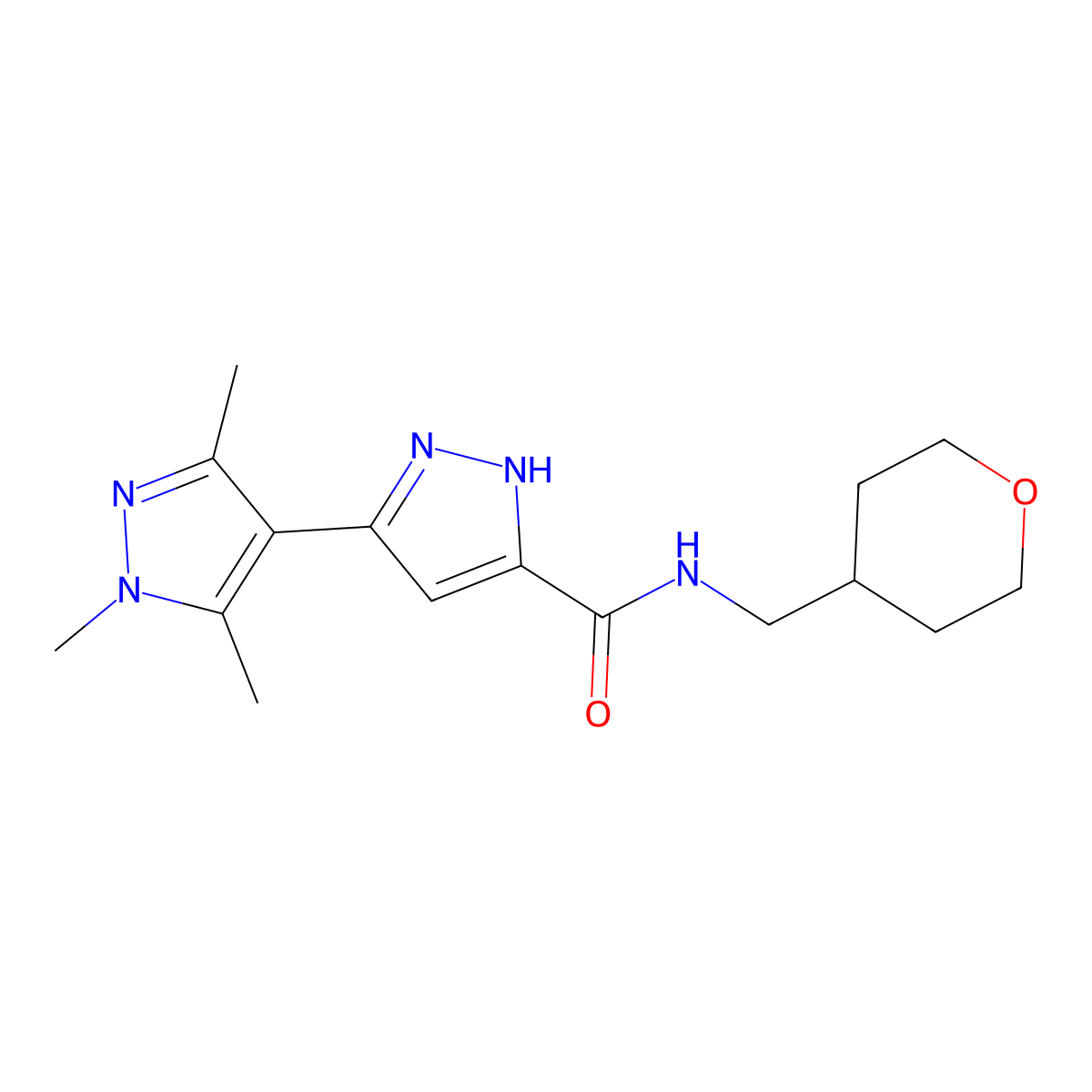 1',3',5'-trimethyl-N-(tetrahydro-2H-pyran-4-ylmethyl)-1'H,2H-3,4'-bipyrazole-5-carboxamide molecular structure, CAS 1491132-27-4