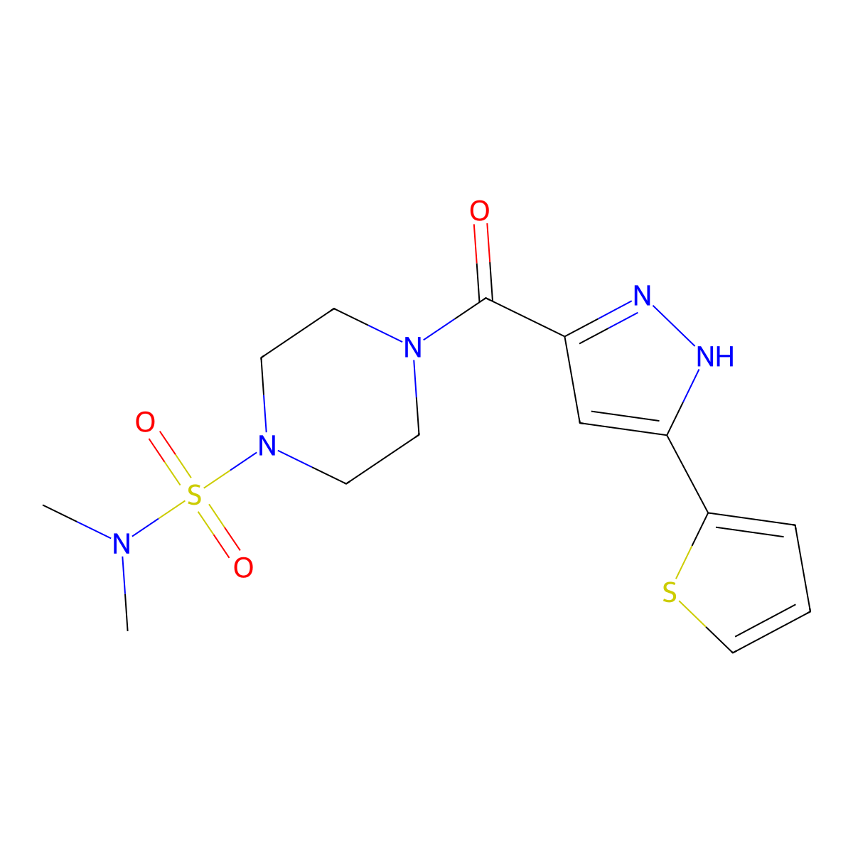 N~1~,N~1~-dimethyl-4-{[5-(2-thienyl)-1H-pyrazol-3-yl]carbonyl}tetrahydro-1(2H)-pyrazinesulfonamide molecular structure, CAS 1491132-29-6