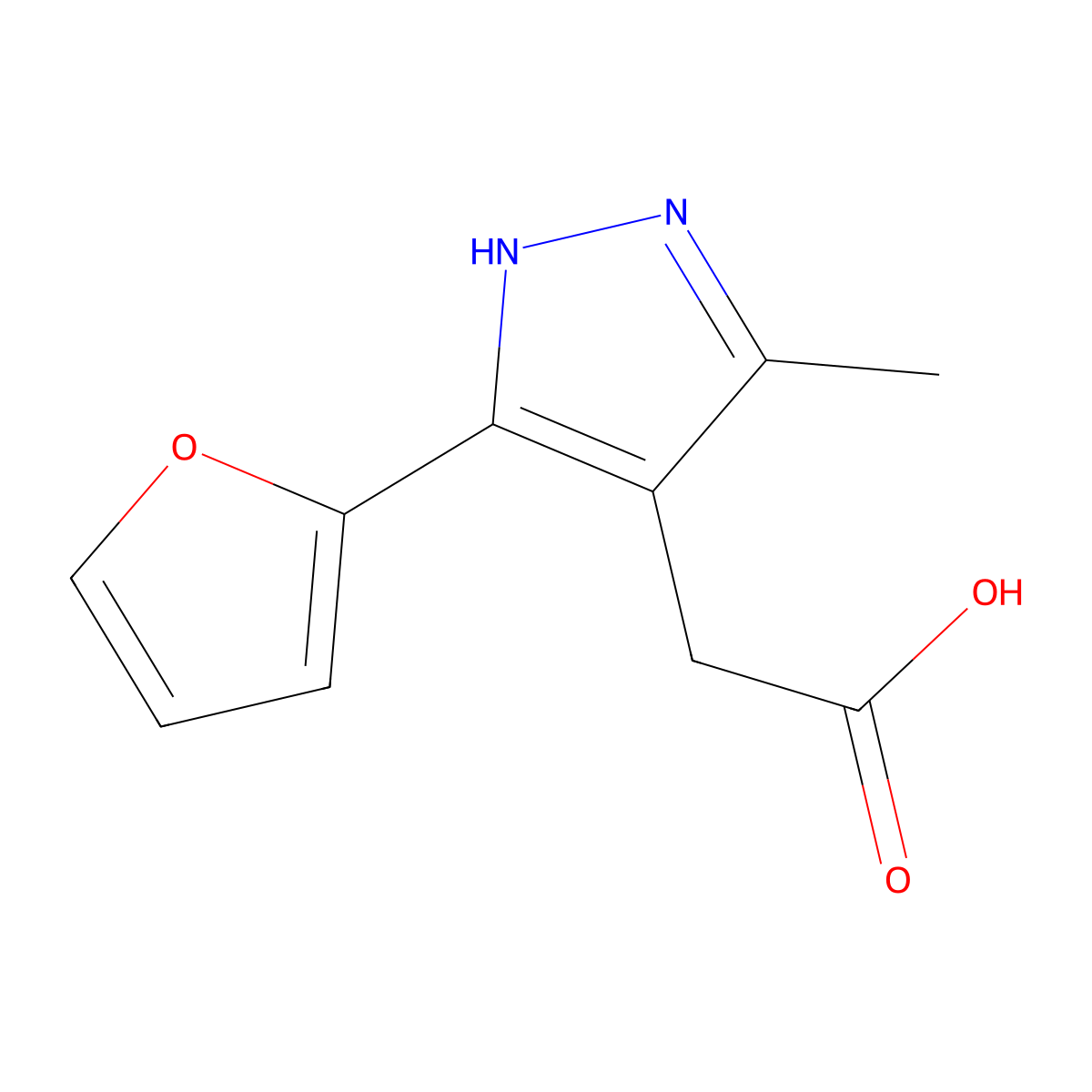 2-(5-(furan-2-yl)-3-methyl-1H-pyrazol-4-yl)acetic acid molecular structure, CAS 1491132-37-6