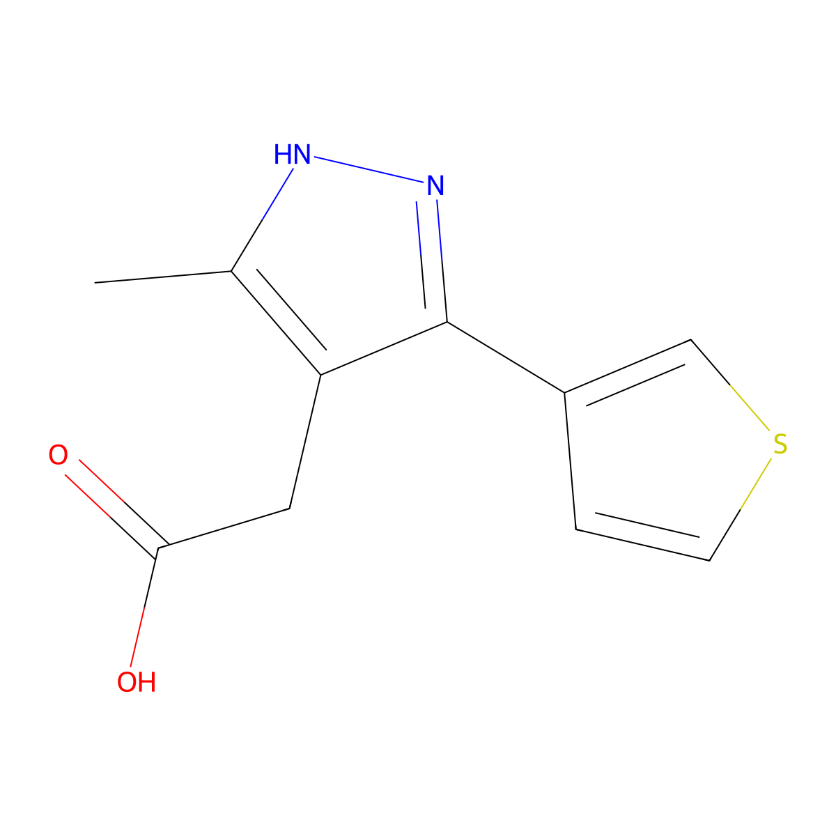 2-(3-methyl-5-(thiophen-3-yl)-1H-pyrazol-4-yl)acetic acid molecular structure, CAS 1491132-49-0