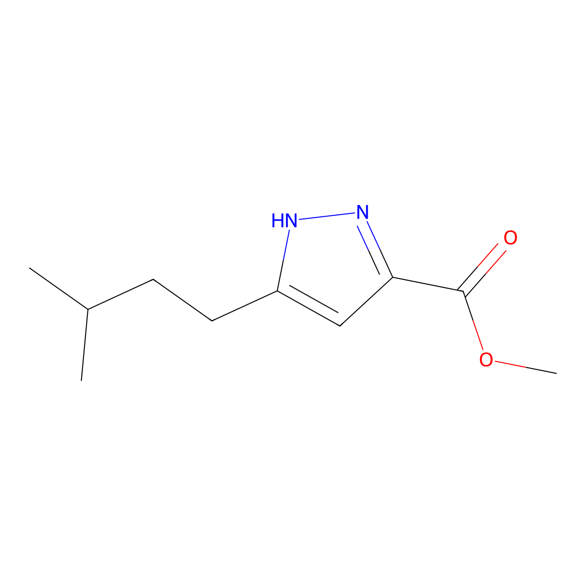 methyl 3-isopentyl-1H-pyrazole-5-carboxylate molecular structure, CAS 1491132-50-3
