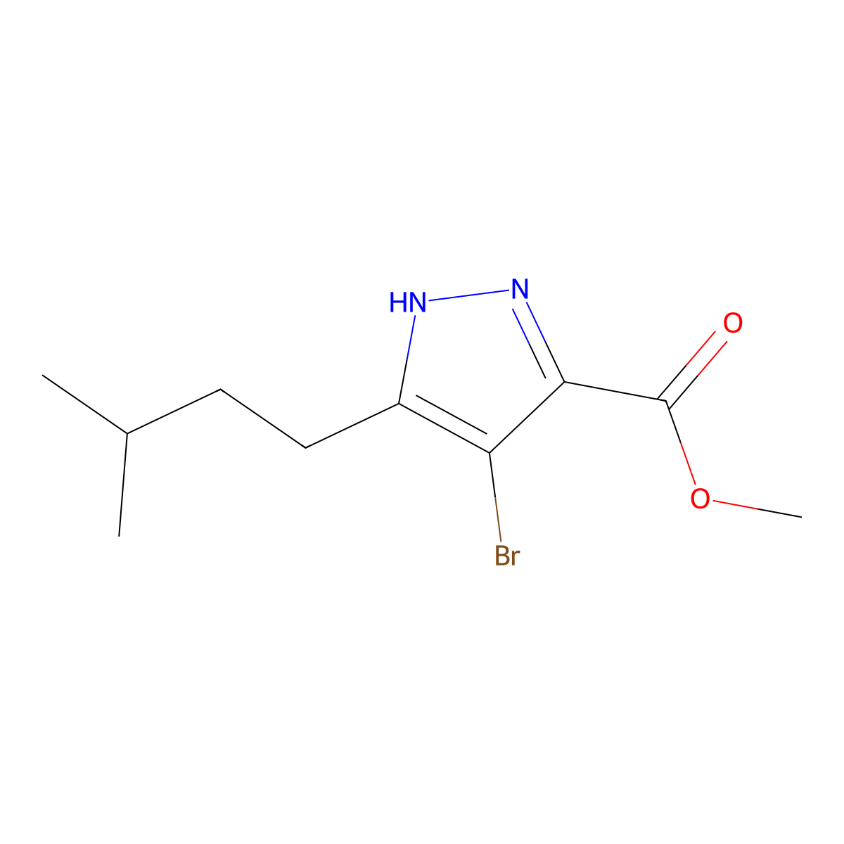 methyl 4-bromo-5-(3-methylbutyl)-1H-pyrazole-3-carboxylate molecular structure, CAS 1491132-54-7