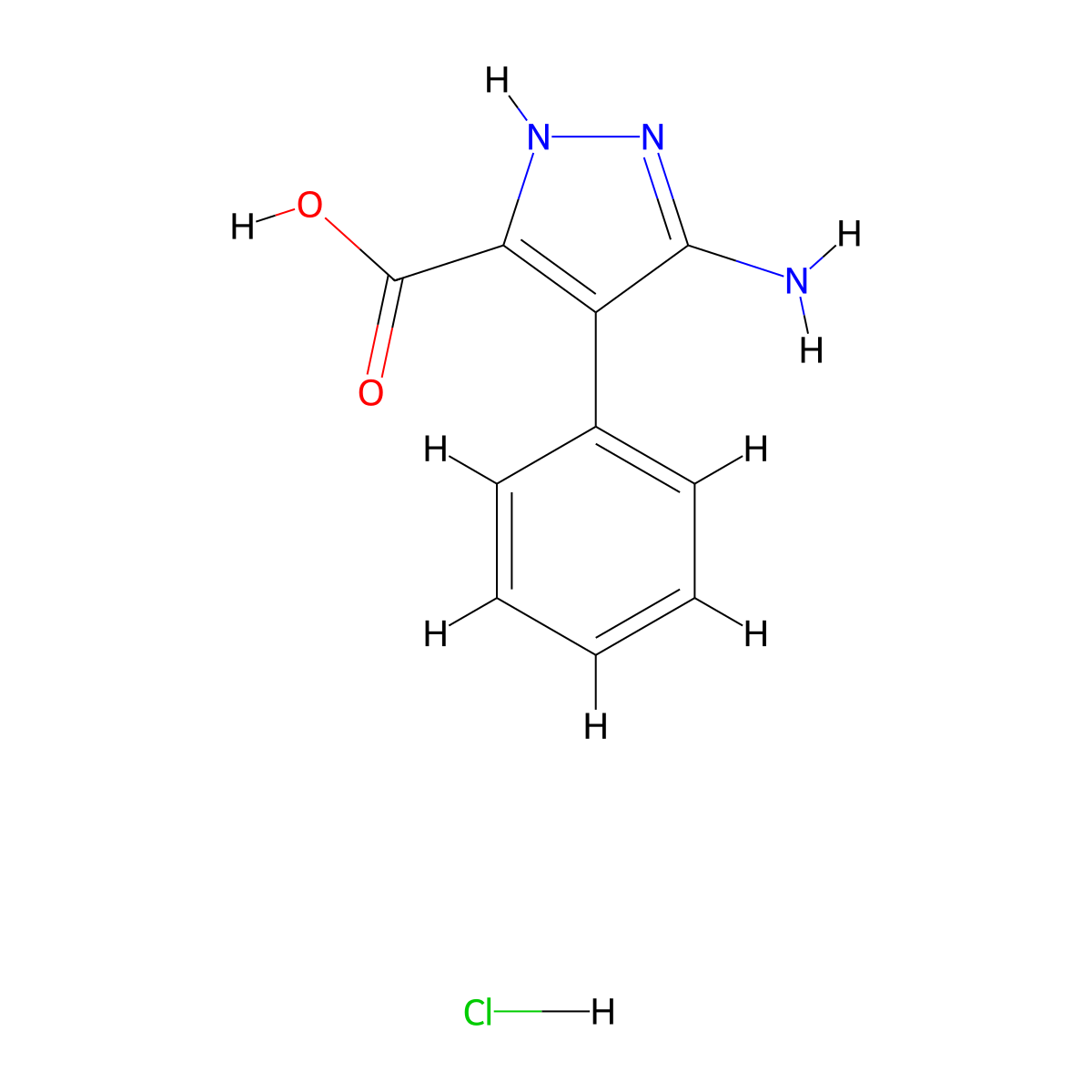 3-amino-4-phenyl-1H-pyrazole-5-carboxylic acid;hydrochloride molecular structure, CAS 1491133-69-7