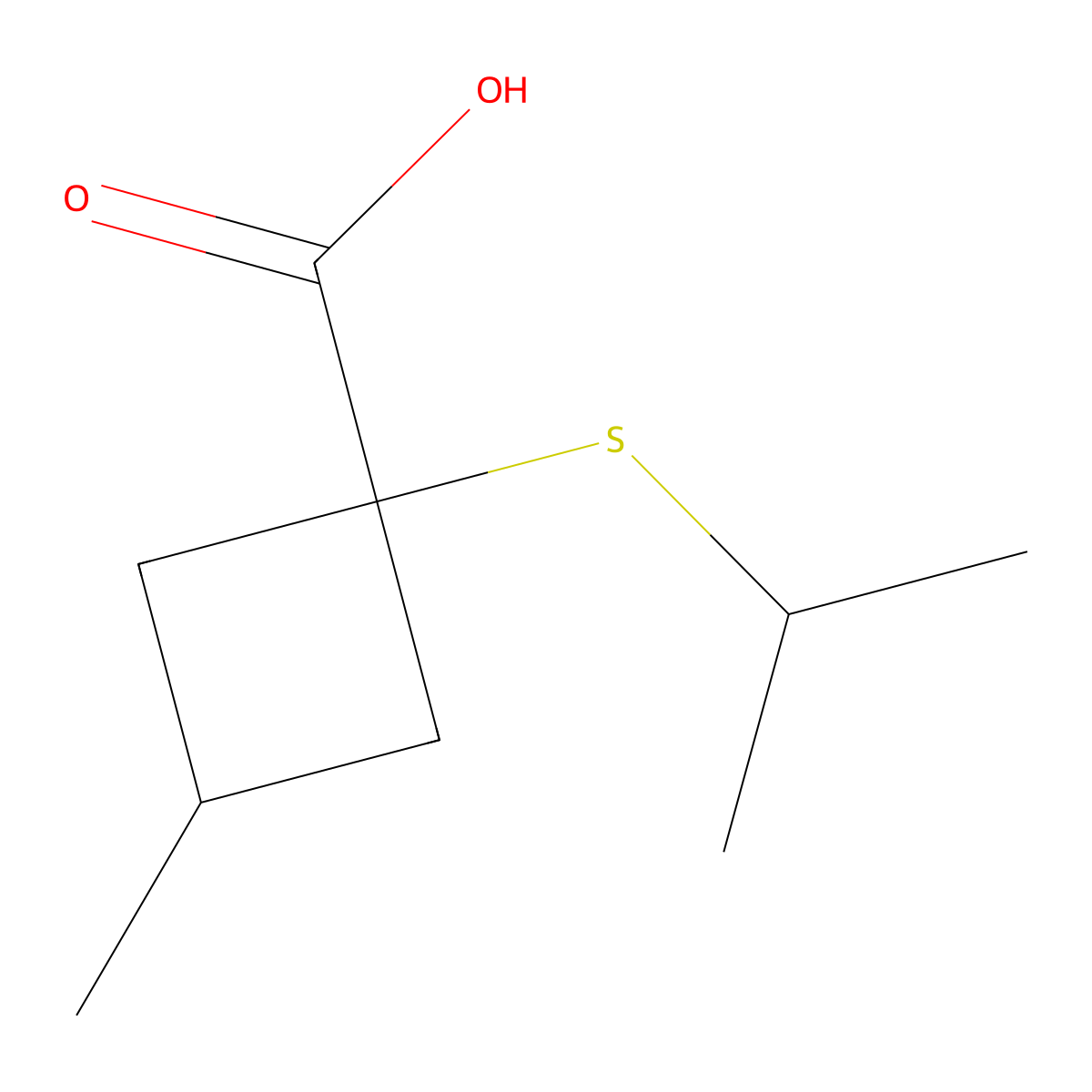 3-Methyl-1-(propan-2-ylsulfanyl)cyclobutane-1-carboxylic acid molecular structure, CAS 1491215-13-4