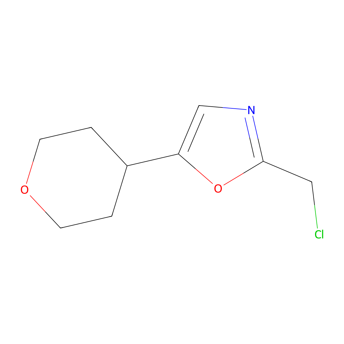 2-(chloromethyl)-5-(tetrahydro-2H-pyran-4-yl)oxazole molecular structure, CAS 1491338-21-6