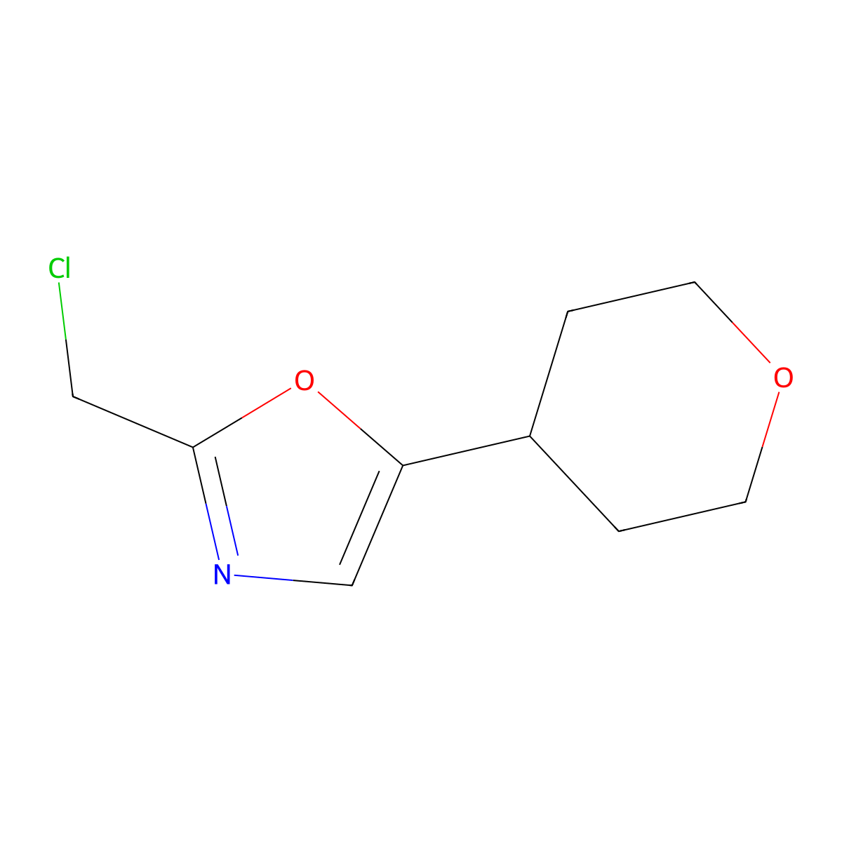 2-(chloromethyl)-5-(tetrahydro-2H-pyran-4-yl)oxazole molecular structure, CAS 1491338-21-6
