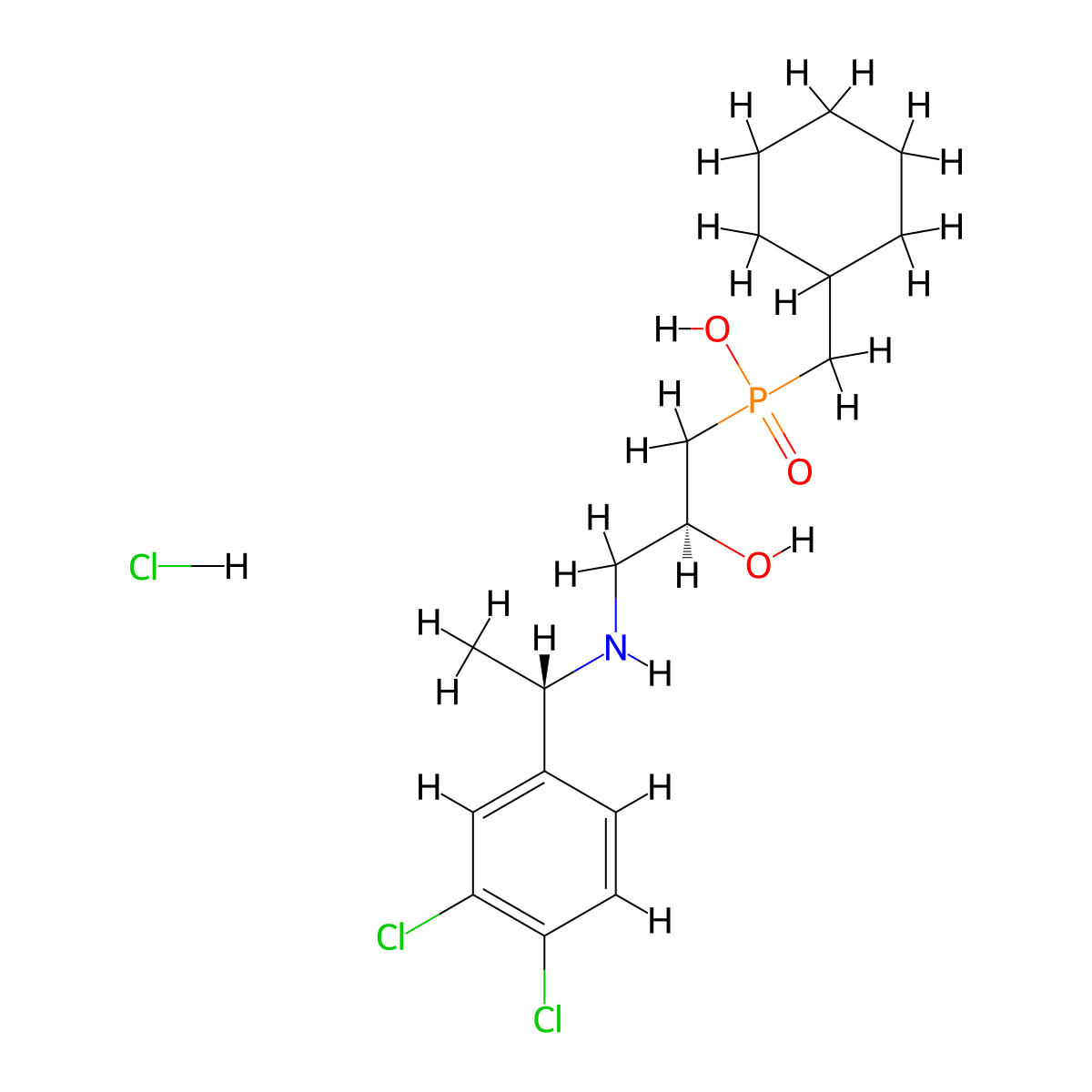 Phosphinic acid, P-(cyclohexylmethyl)-P-((2S)-3-(((1S)-1-(3,4-dichlorophenyl)ethyl)amino)-2-hydroxypropyl)-, hydrochloride (1:1) molecular structure, CAS 149184-21-4