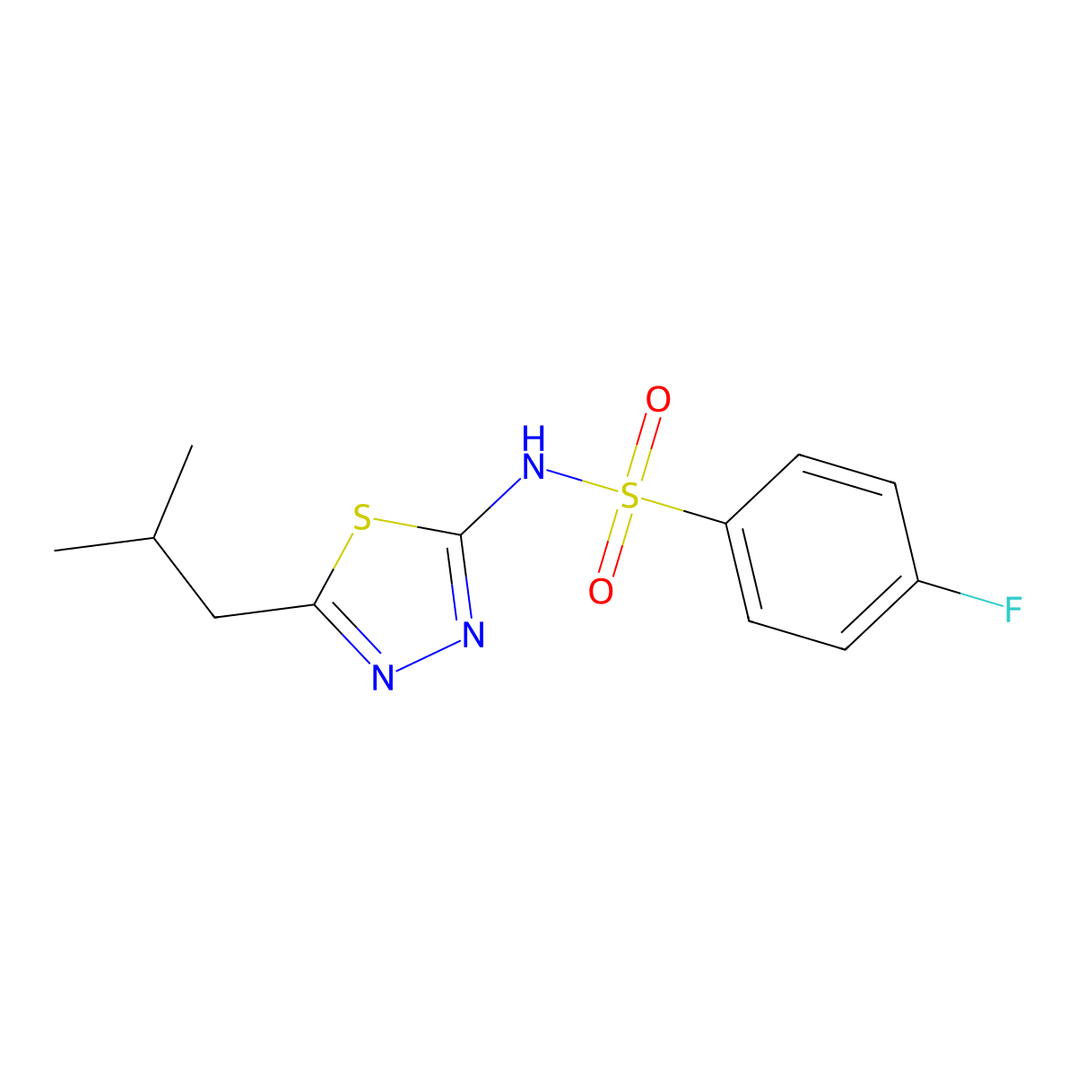 4-fluoro-N-[5-(2-methylpropyl)-1,3,4-thiadiazol-2-yl]benzenesulfonamide molecular structure, CAS 1492-66-6