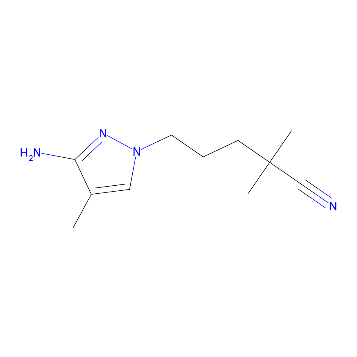 5-(3-Amino-4-methyl-1h-pyrazol-1-yl)-2,2-dimethylpentanenitrile molecular structure, CAS 1492401-77-0