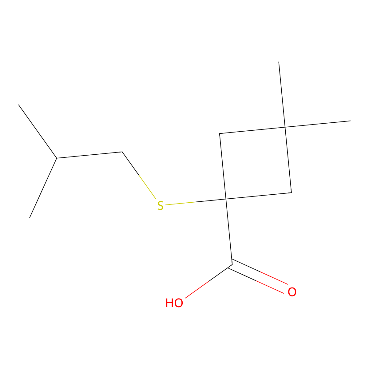 1-(Isobutylthio)-3,3-dimethylcyclobutane-1-carboxylic acid molecular structure, CAS 1492609-22-9
