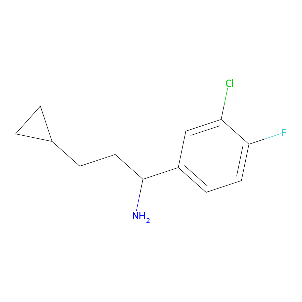 1-(3-Chloro-4-fluorophenyl)-3-cyclopropylpropan-1-amine molecular structure, CAS 1492673-89-8