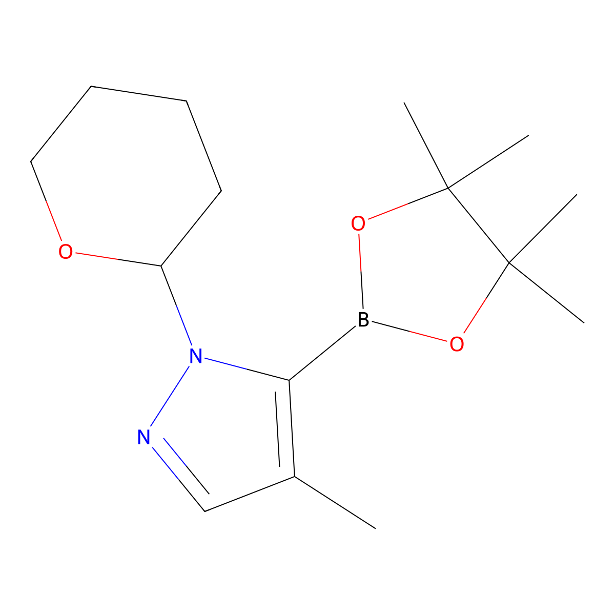 4-methyl-1-(oxan-2-yl)-5-(4,4,5,5-tetramethyl-1,3,2-dioxaborolan-2-yl)-1H-pyrazole molecular structure, CAS 1492954-33-2