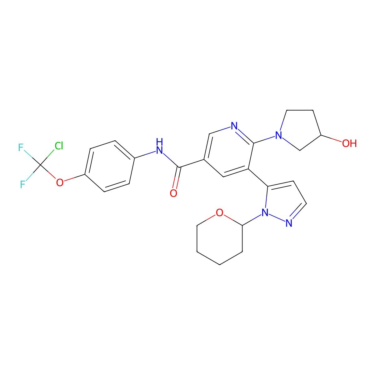 N-[4-[chloro(difluoro)methoxy]phenyl]-6-[(3R)-3-hydroxypyrrolidin-1-yl]-5-[2-(oxan-2-yl)pyrazol-3-yl]pyridine-3-carboxamide molecular structure, CAS 1492954-67-2