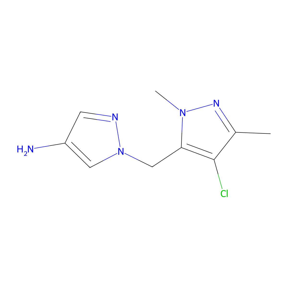 1-((4-Chloro-1,3-dimethyl-1h-pyrazol-5-yl)methyl)-1h-pyrazol-4-amine molecular structure, CAS 1493104-85-0