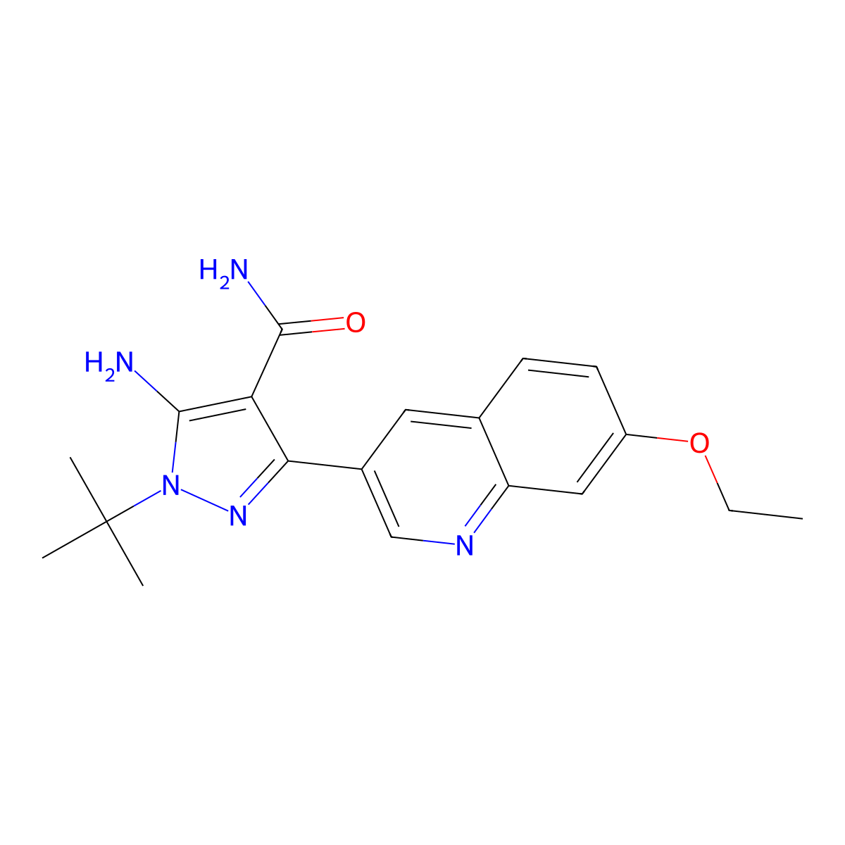 5-Amino-1-Tert-Butyl-3-(7-Ethoxyquinolin-3-Yl)-1h-Pyrazole-4-Carboxamide molecular structure, CAS 1493524-11-0