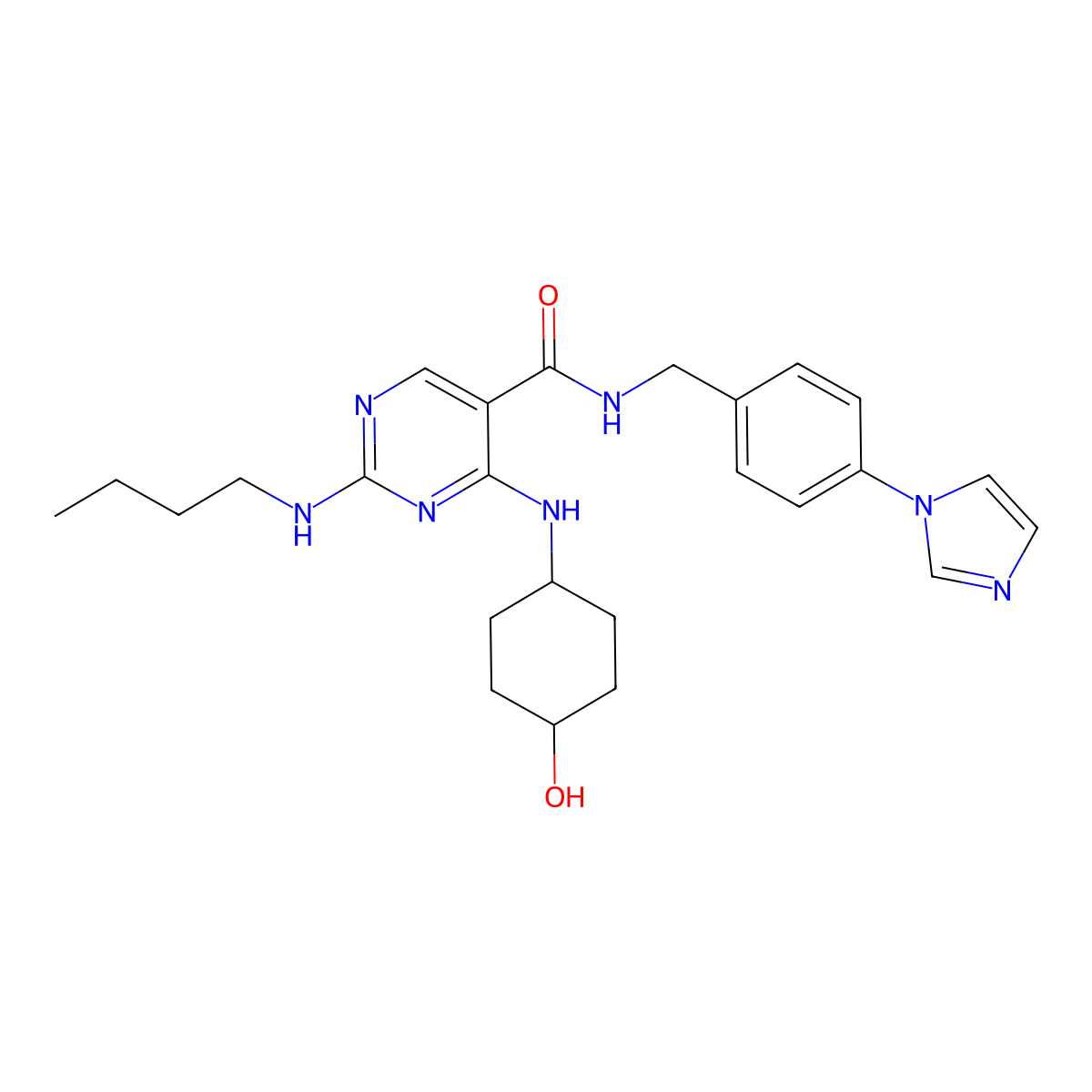 2-(Butylamino)-4-[(trans-4-hydroxycyclohexyl)amino]-N-[[4-(1H-imidazol-1-yl)phenyl]methyl]-5-pyrimidinecarboxamide molecular structure, CAS 1493764-08-1