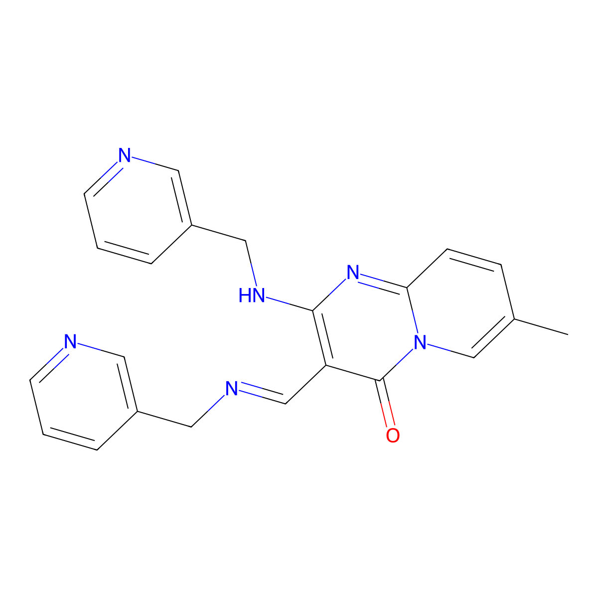(E)-7-methyl-2-((pyridin-3-ylmethyl)amino)-3-(((pyridin-3-ylmethyl)imino)methyl)-4H-pyrido[1,2-a]pyrimidin-4-one molecular structure, CAS 1493767-64-8