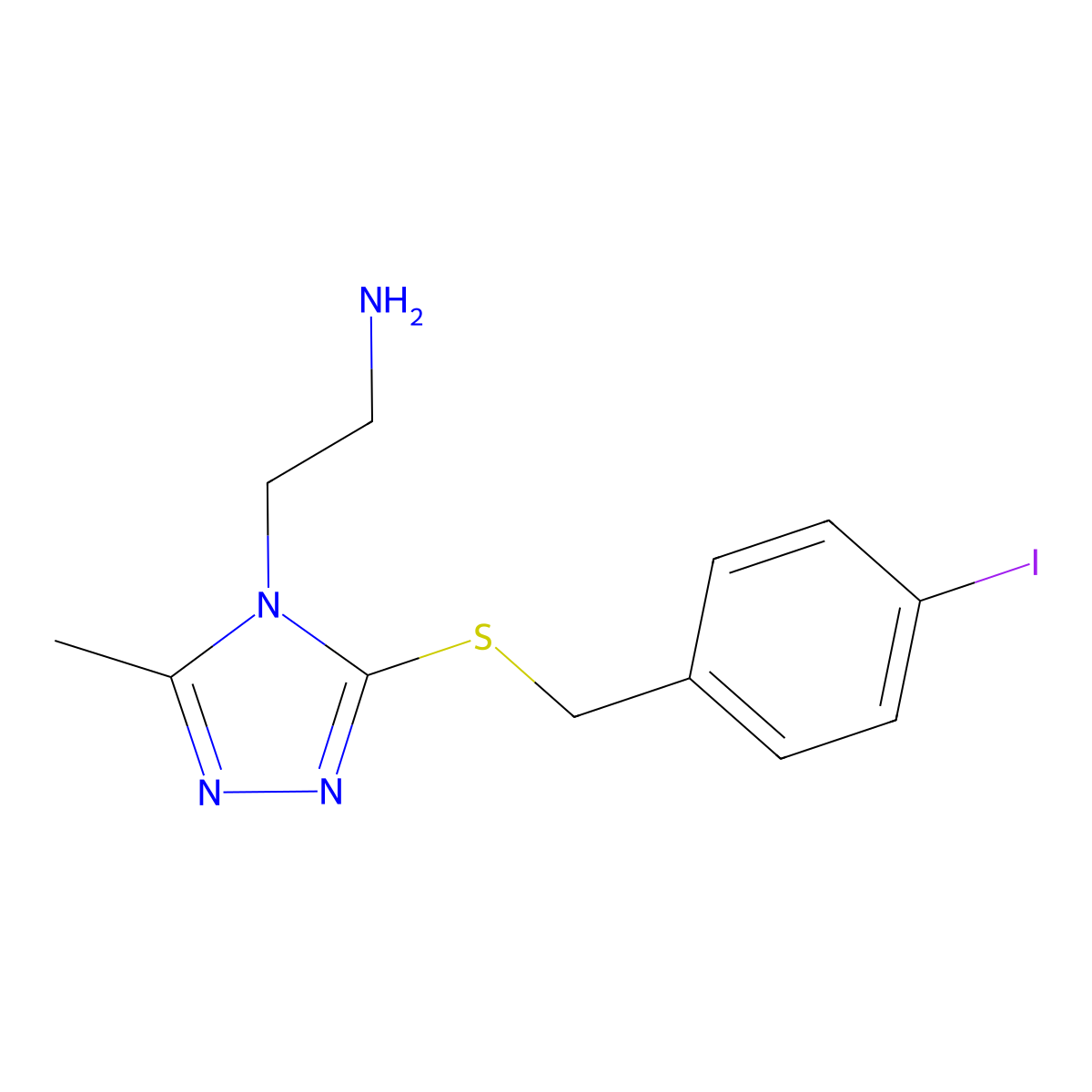 2-(3-{[(4-iodophenyl)methyl]sulfanyl}-5-methyl-4H-1,2,4-triazol-4-yl)ethan-1-amine molecular structure, CAS 1494237-05-6