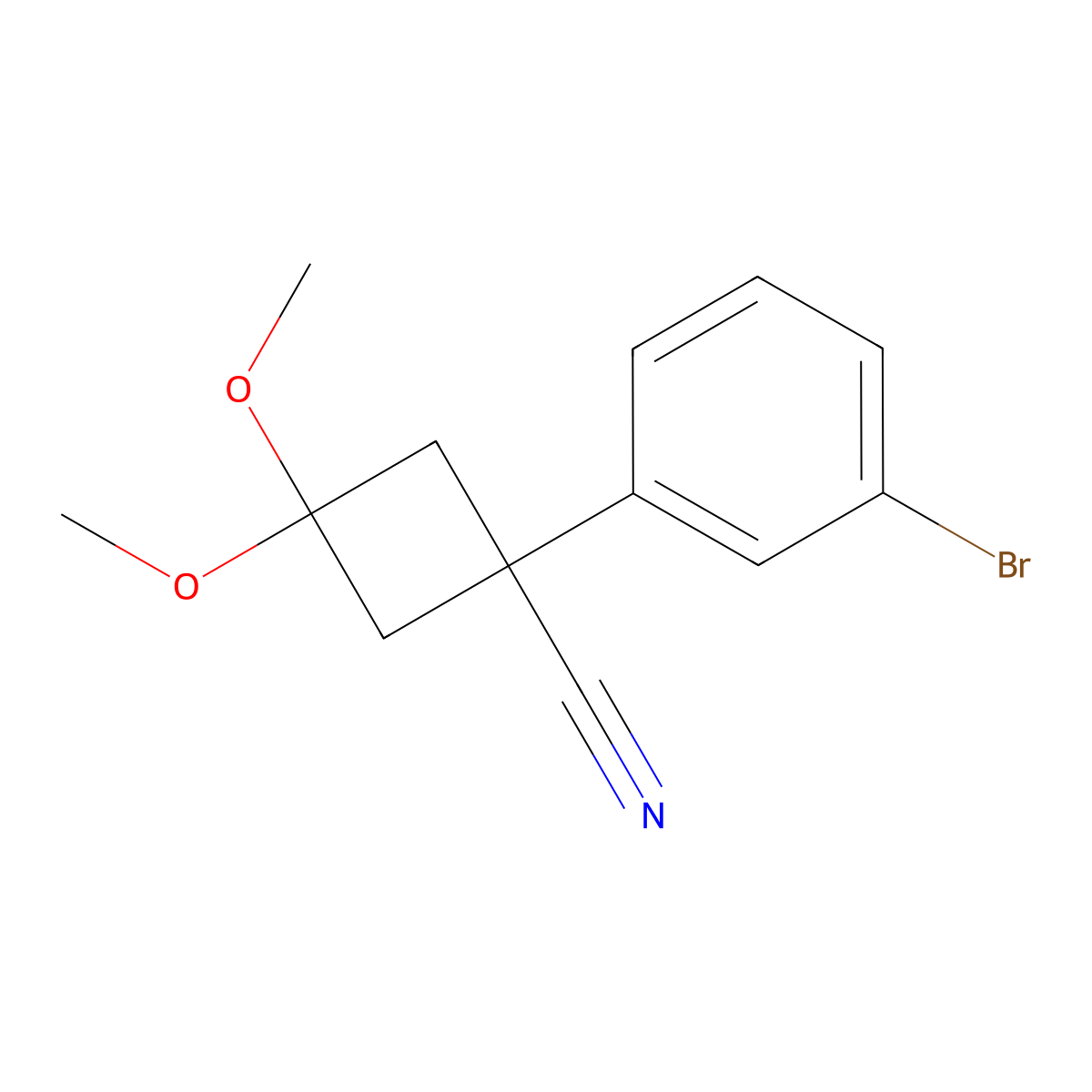 1-(3-Bromophenyl)-3,3-dimethoxycyclobutane-1-carbonitrile molecular structure, CAS 1494527-01-3