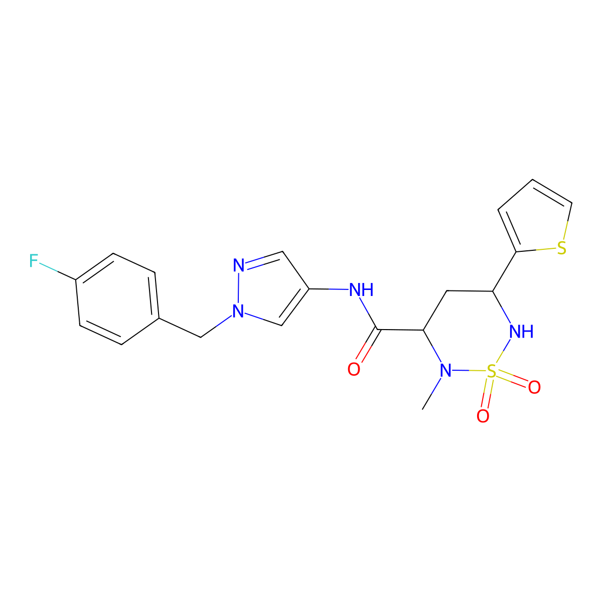 N-[1-(4-fluorobenzyl)-1H-pyrazol-4-yl]-2-methyl-5-(2-thienyl)-1,2,6-thiadiazinane-3-carboxamide 1,1-dioxide molecular structure, CAS 1494673-50-5