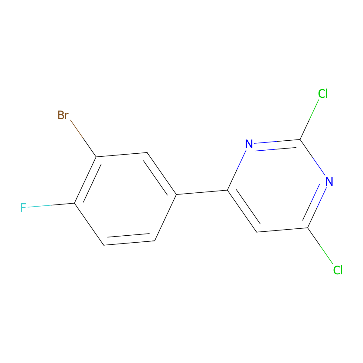 4-(3-Bromo-4-fluorophenyl)-2,6-dichloropyrimidine molecular structure, CAS 1494714-54-3