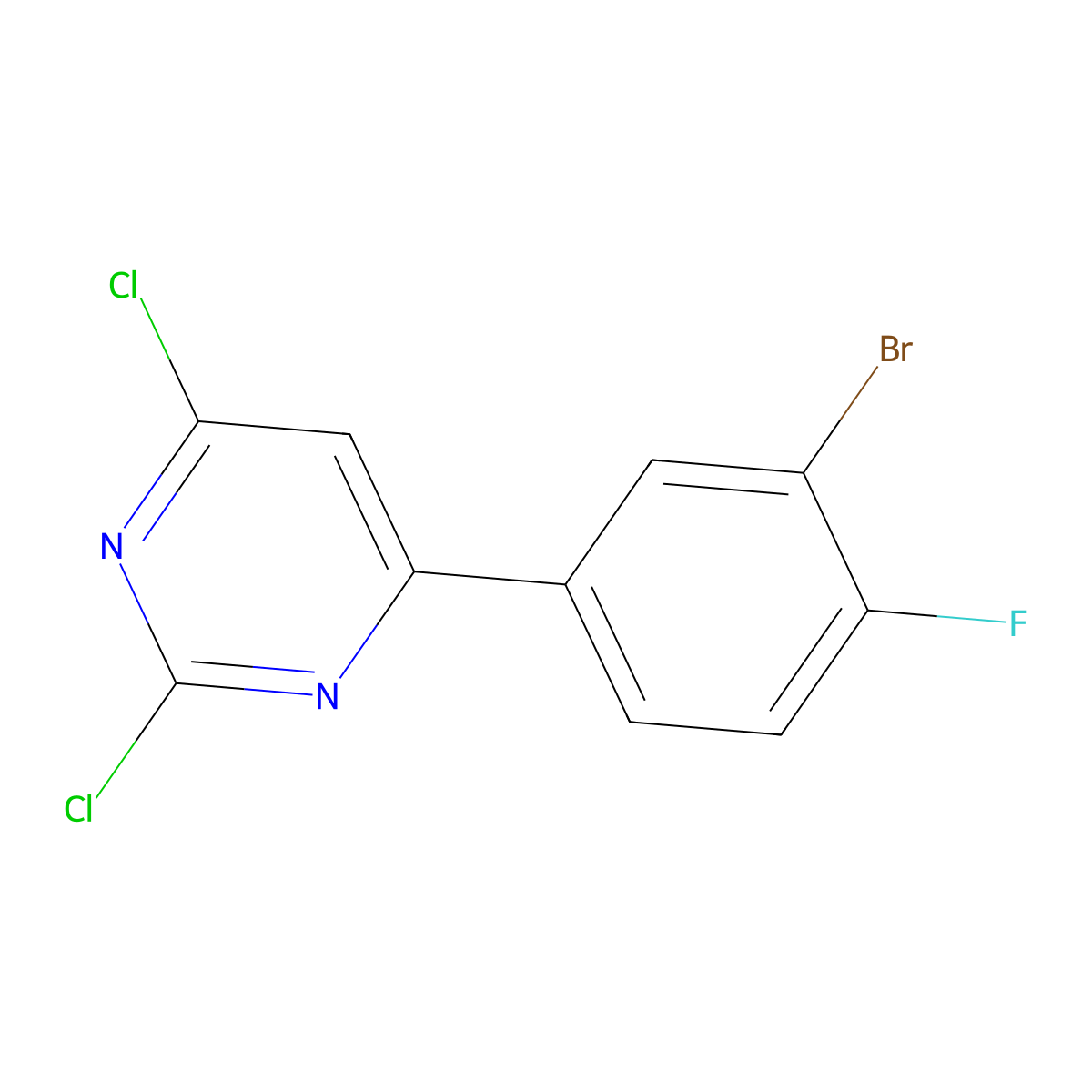 4-(3-Bromo-4-fluorophenyl)-2,6-dichloropyrimidine molecular structure, CAS 1494714-54-3