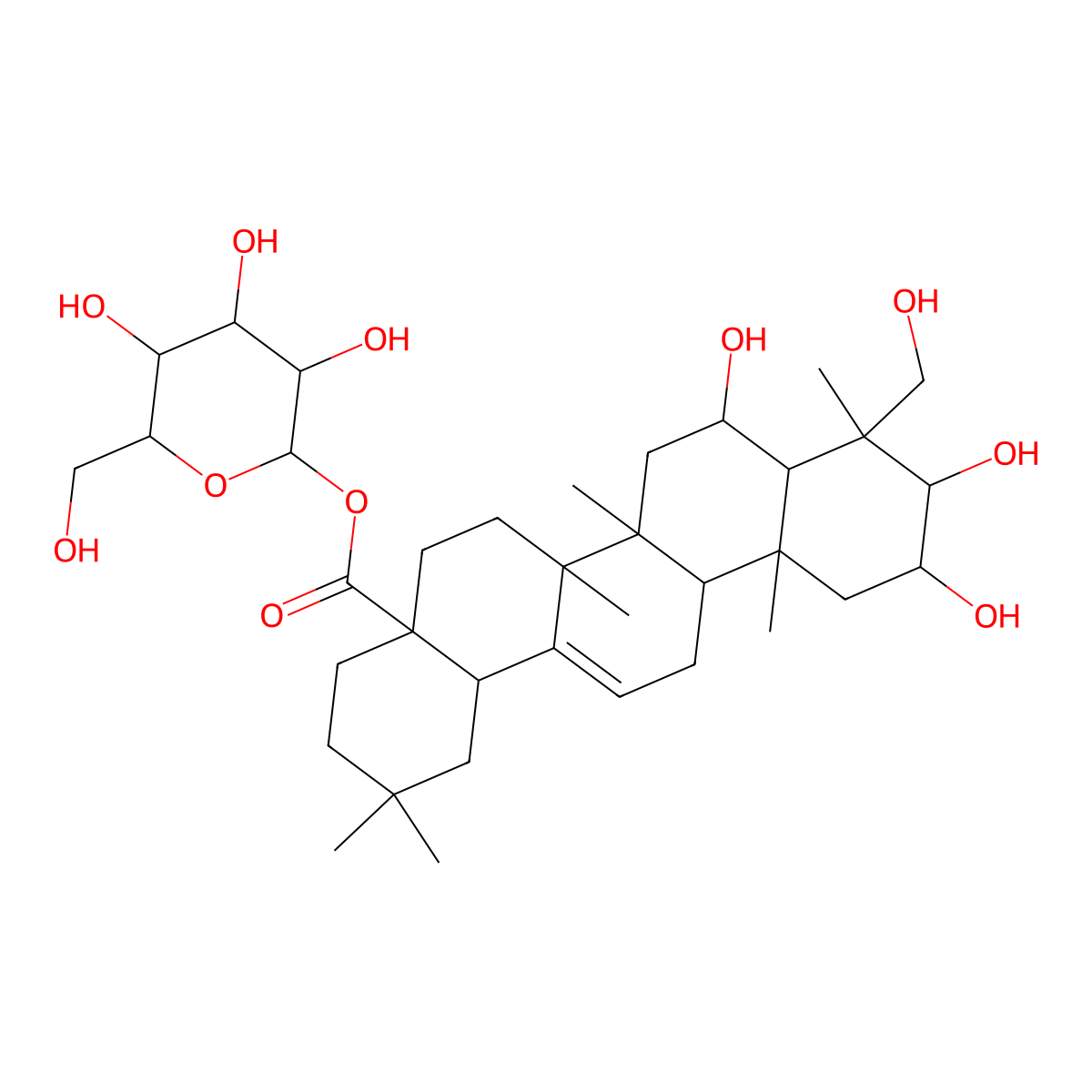 [(2S,3R,4S,5S,6R)-3,4,5-trihydroxy-6-(hydroxymethyl)oxan-2-yl] (4aS,6aS,6bR,8R,9R,10R,11R,12aR)-8,10,11-trihydroxy-9-(hydroxymethyl)-2,2,6a,6b,9,12a-hexamethyl-1,3,4,5,6,6a,7,8,8a,10,11,12,13,14b-tetradecahydropicene-4a-carboxylate molecular structure, CAS 149475-28-5