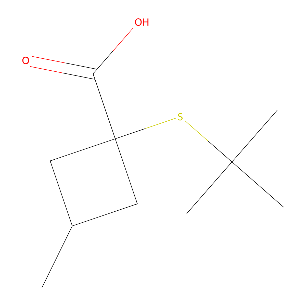 1-(Tert-butylsulfanyl)-3-methylcyclobutane-1-carboxylic acid molecular structure, CAS 1495006-95-5