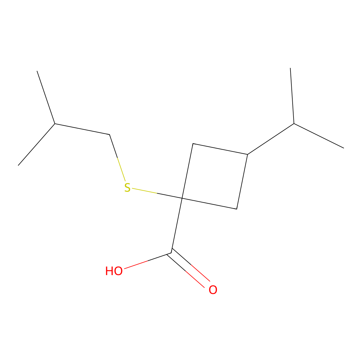 1-(Isobutylthio)-3-isopropylcyclobutane-1-carboxylic acid molecular structure, CAS 1496054-07-9