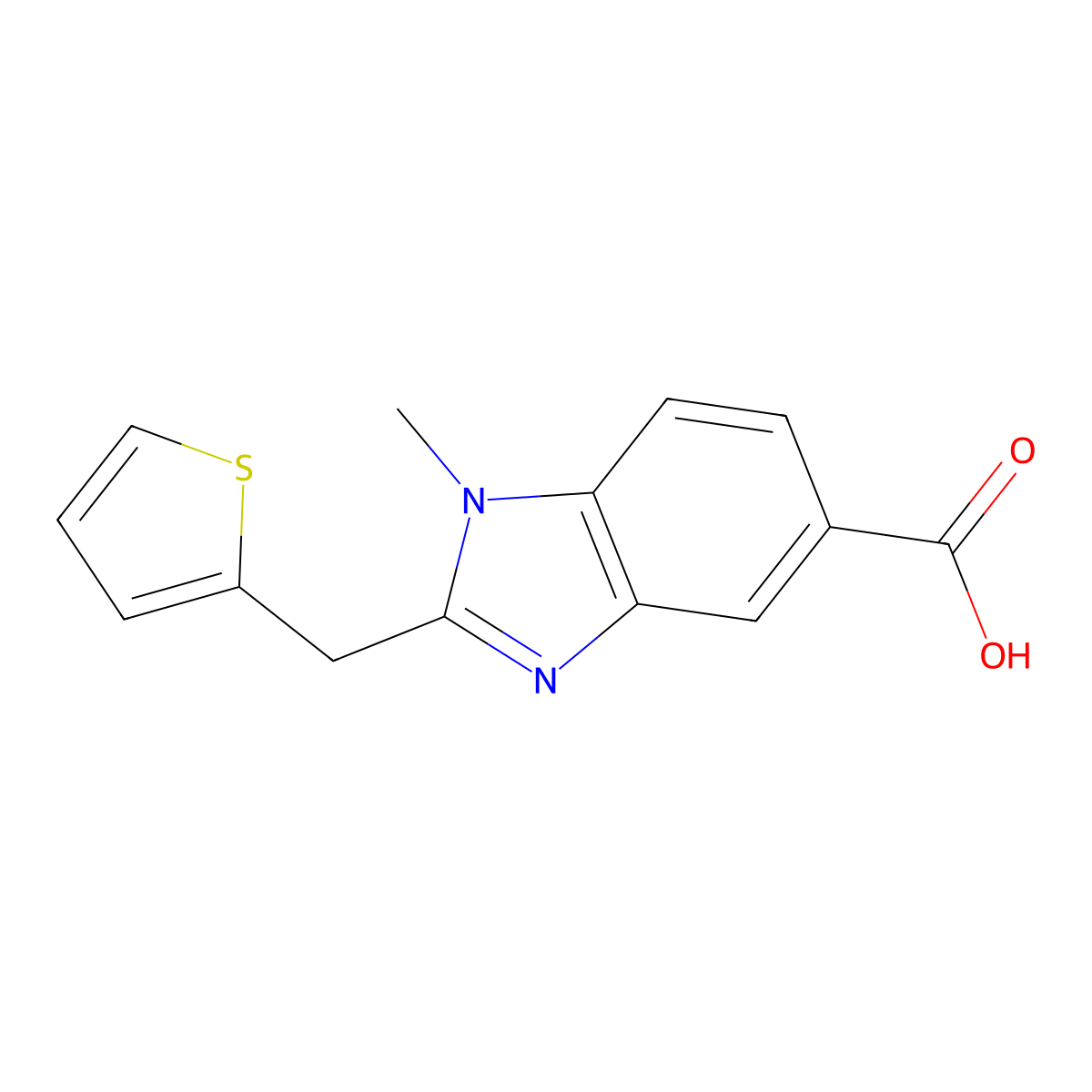 1-methyl-2-[(thiophen-2-yl)methyl]-1H-1,3-benzodiazole-5-carboxylic acid molecular structure, CAS 1496112-67-4